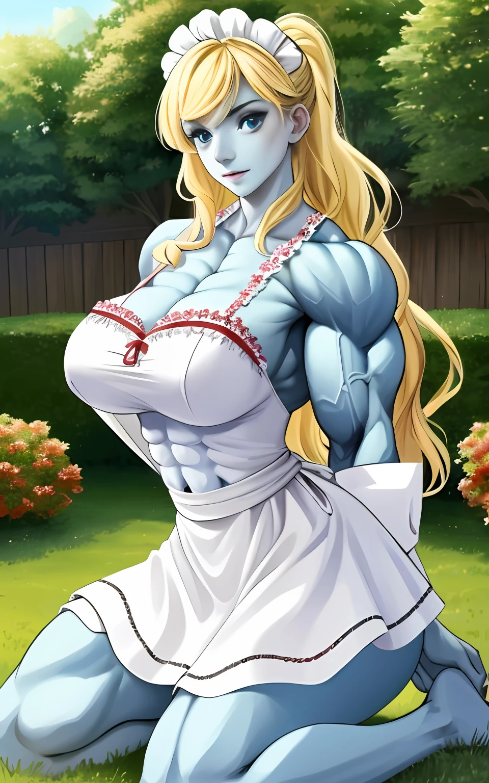(1girll), huge tit, Breasts, Conque, Moisturizes skin, ,trpical garden , Maid outfit, s girl,realistic illumination,top Quority,8K,tmasterpiece,Muscular female,Muscular,Abs,(Blonde hair), (Blue skin:1.4),Claws,Kneeling pose