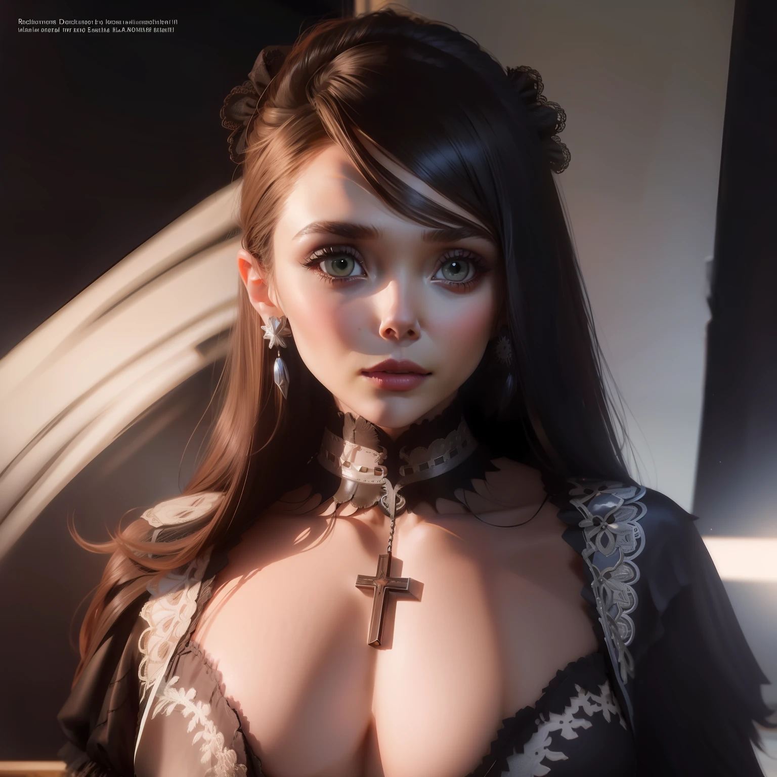 Elizabeth Olsen, freira, roupa preta, olhos pretos, Cross on neck, sexy, decote