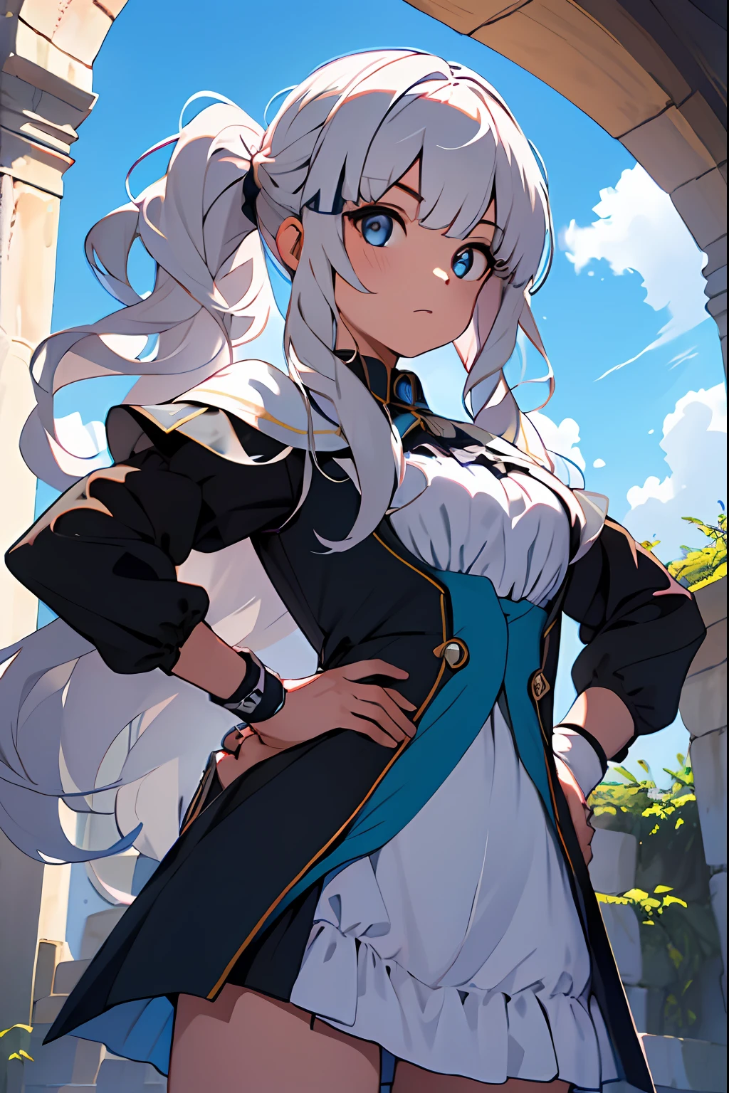 ((master part, best quality)),Very detailed, olhos simples,(ao ar livre,hands on hip),(seios grandes),((1girl)), doe_\(princesa_ligar!\),franja, preto_arco, louro_Hair, azul_olho, corar, arco, seios, cabo, capa, vestir, Onze, Luvas, Hair_arco, Hair_enfeite,Longas_Hair, Olhando_em_visualizador, open sky_boca, pontudo_Ouvidos, sorrir, coxas,saia branca