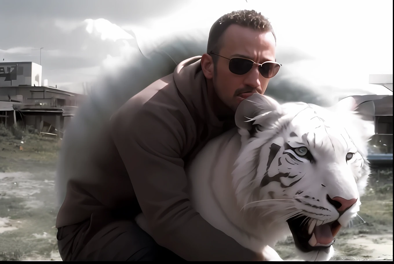 There's a normal-faced blonde man without glasses who's hugging a white tiger, ainda de um filme live action, baseado em um puma, animal, movie action still frame, the man riding is on the lion, Aves de Darnov, cena do filme live action, alta qualidade de imagem, CGI Efeitos Especiais, Ainda do filme Sharknado, igla filme filmado, Ivan, epic scene