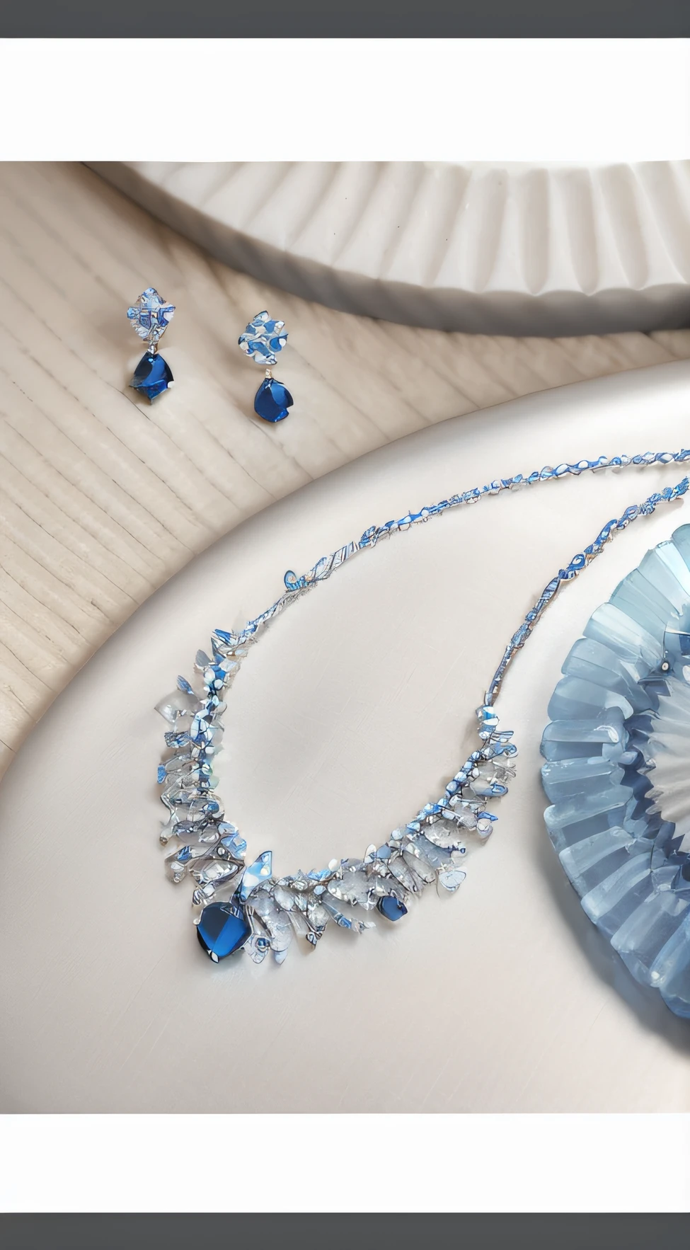 best qualityer,High- sharpness,Advertising illustration of blue gemstone necklace with earrings, Sapphire jewelry, Blue jewelry, bvlgari jewelry, bulgari style, platinum jewellery, Noble tonality