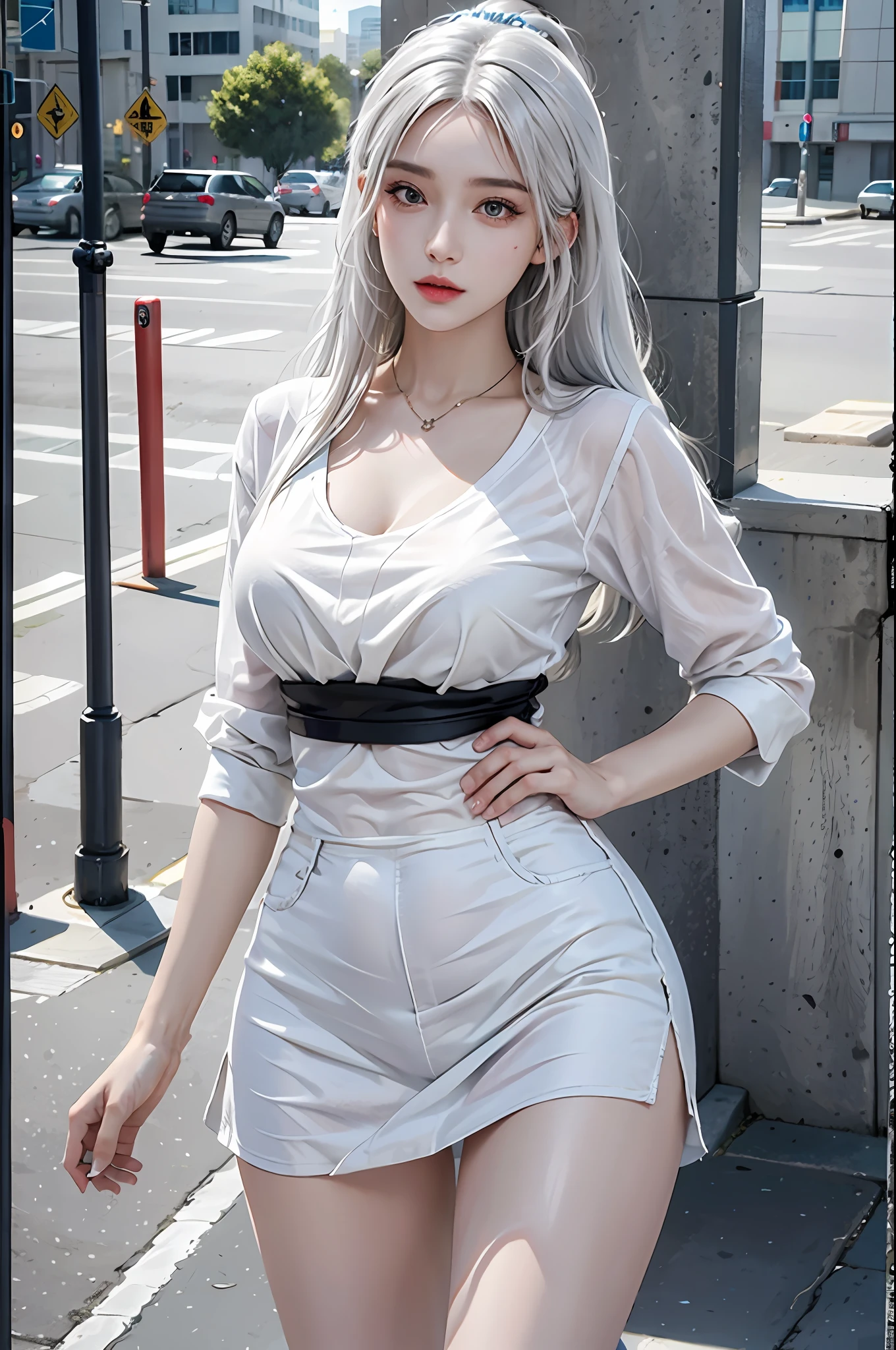photorealistic, high resolution, 1women, solo, hips up, look at viewer, (detailed face), white hair, colorful street wear, tattoo, jewelry