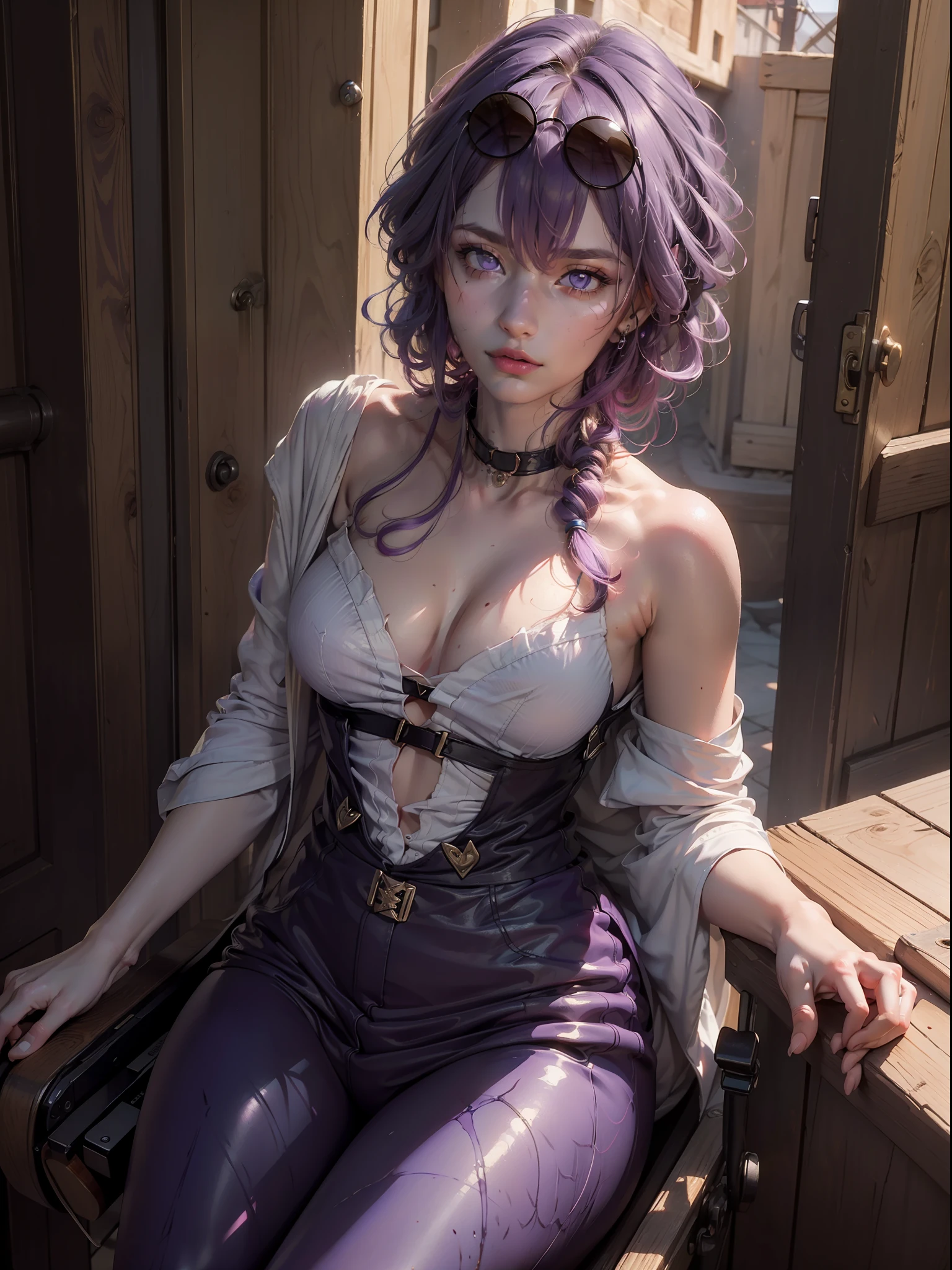 (masterpiece,best quality:1.5), 1 girl cowboy shot, purple eyes, purple hair, eyewear on head, sunglasses, ultra realistic,32k,RAW photo,(high detailed skin:1.2), 8k uhd, dslr, soft lighting, high quality, film grain