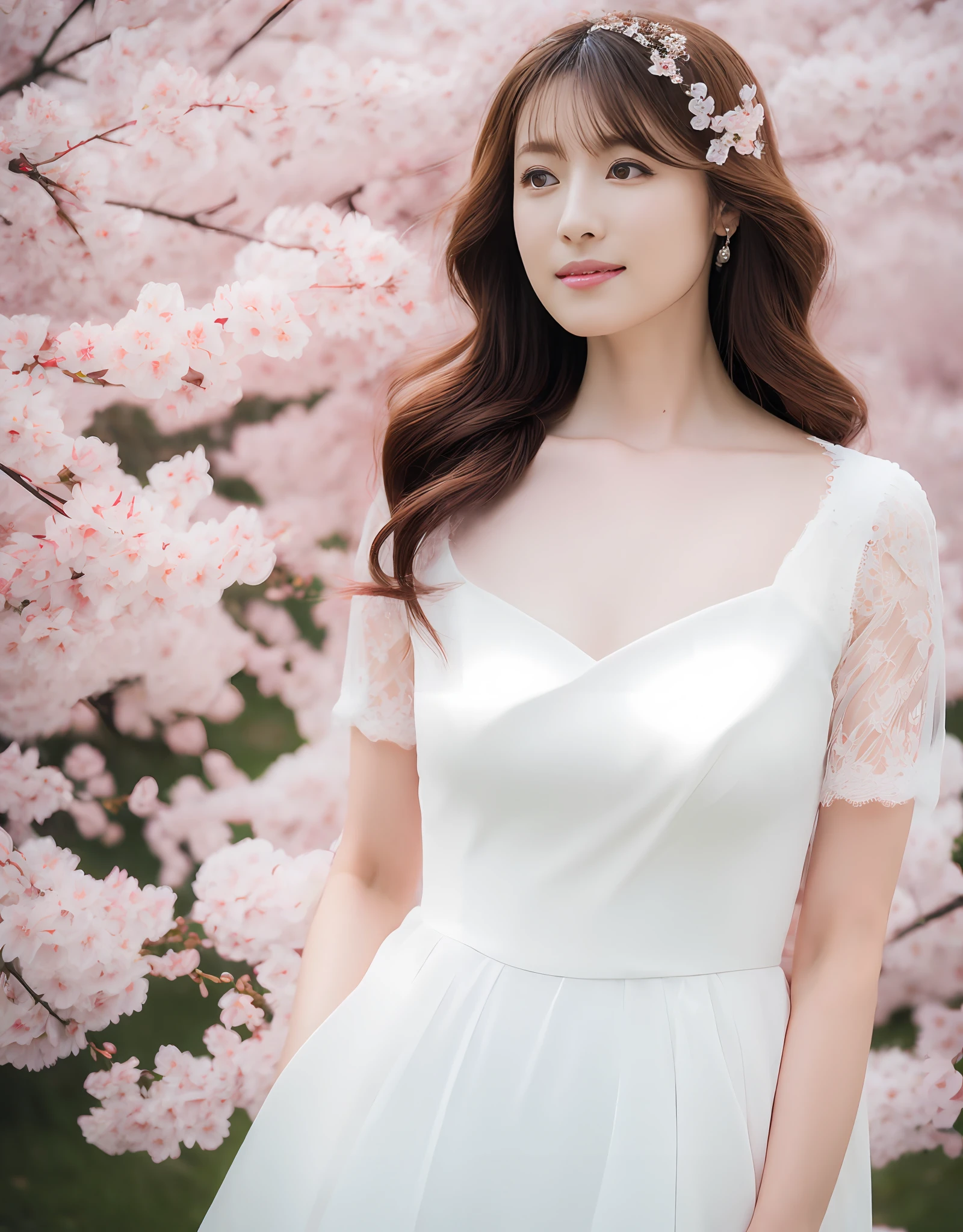 Japan bride in lace sleeves and white gown, Long Black Hair, rosy cheeks, Standing in a field of cherry blossoms. (8K, Best Quality : 1.2), (masutepiece, Photorealistic : 1.3), Super Detail, Anatomically correct