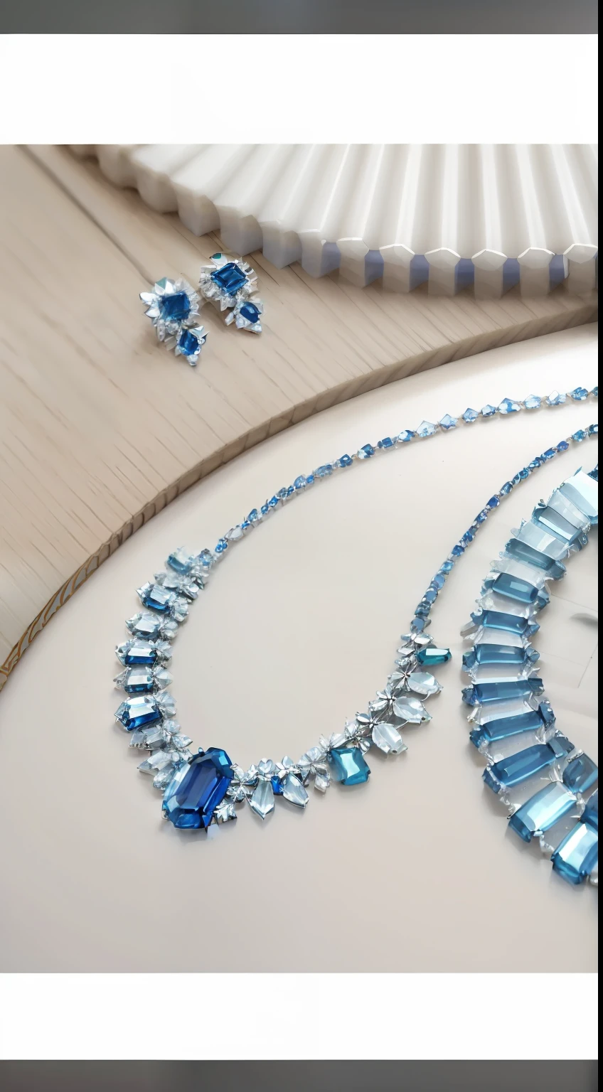 best qualityer,High- sharpness,Advertising illustration of blue gemstone necklace with earrings, Sapphire jewelry, Blue jewelry, bvlgari jewelry, bulgari style, platinum jewellery, Noble tonality