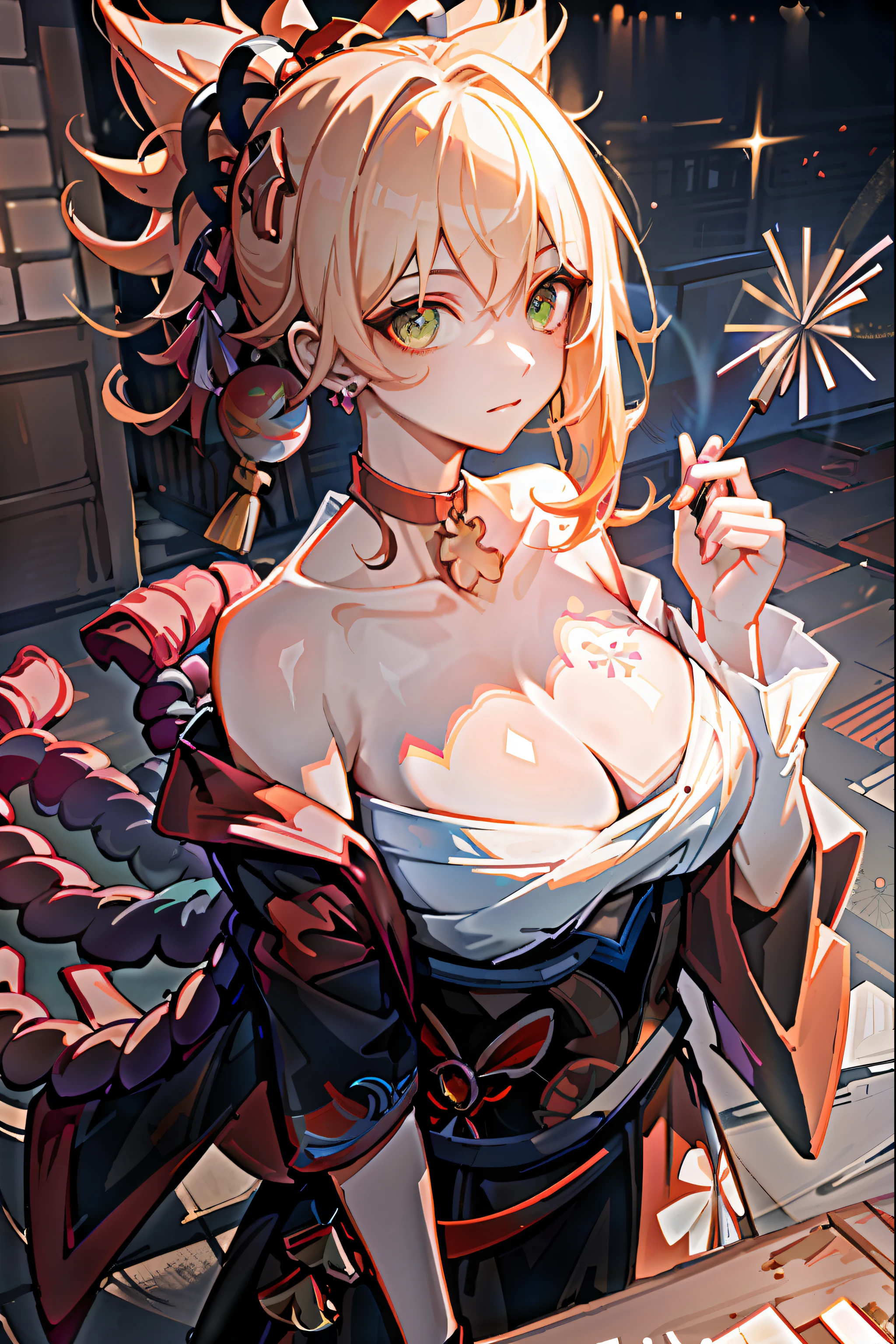 （tmasterpiece，Need，1girll，Solo，The details are complex，color difference），photorealestic，（（Medium breath）），cropped shoulders，huge tit，Raised sexy，Yomiya（Genshin Impact），Pink Long Hair，red headgear，Red highlight，Hair above one eye，Green eyes，耳Nipple Ring，sharp look，Perfectly symmetrical figure，choker necklace，Neon shirt，Open jacket，high-necksweater，against a wall，brick walls，scribbles，dim murky lights，alley，looking at viewert，（（Mean streak，Cleavage is seductive，big breasts enchanting）），（（（sakurabackground))),(((Japanese temple background))), (((Glow-in-the-dark background)))