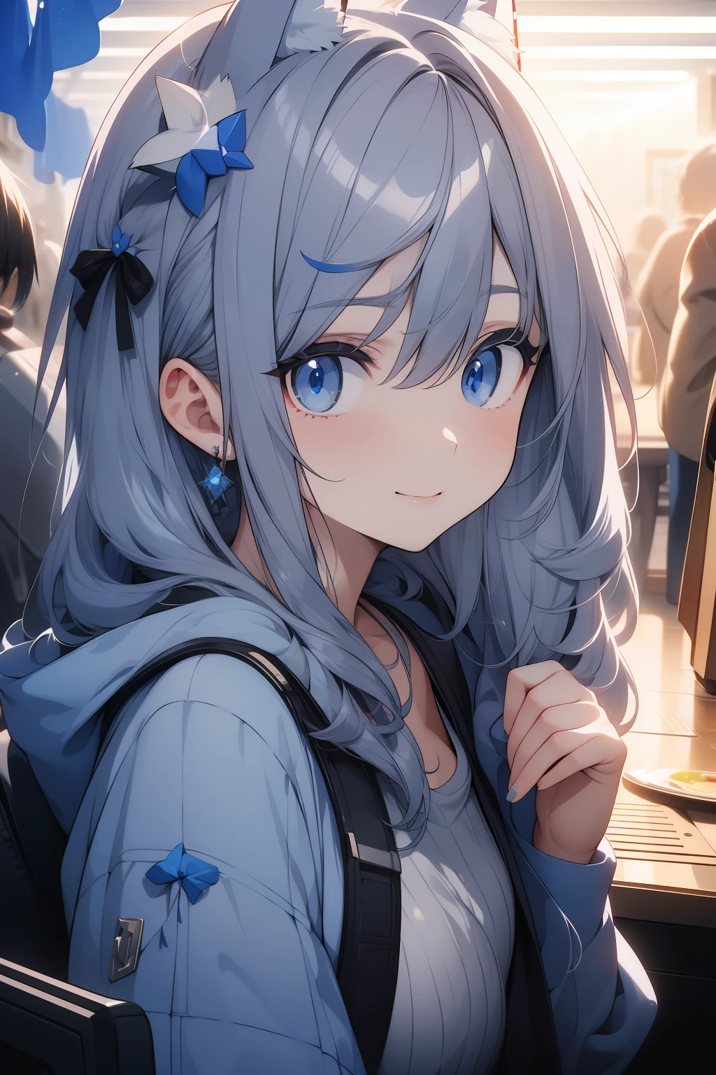 (Light smile, white hair, blue eyes:1.2+fox ear:1.1)，8K quality，The best quality fox girl，Fox girl。