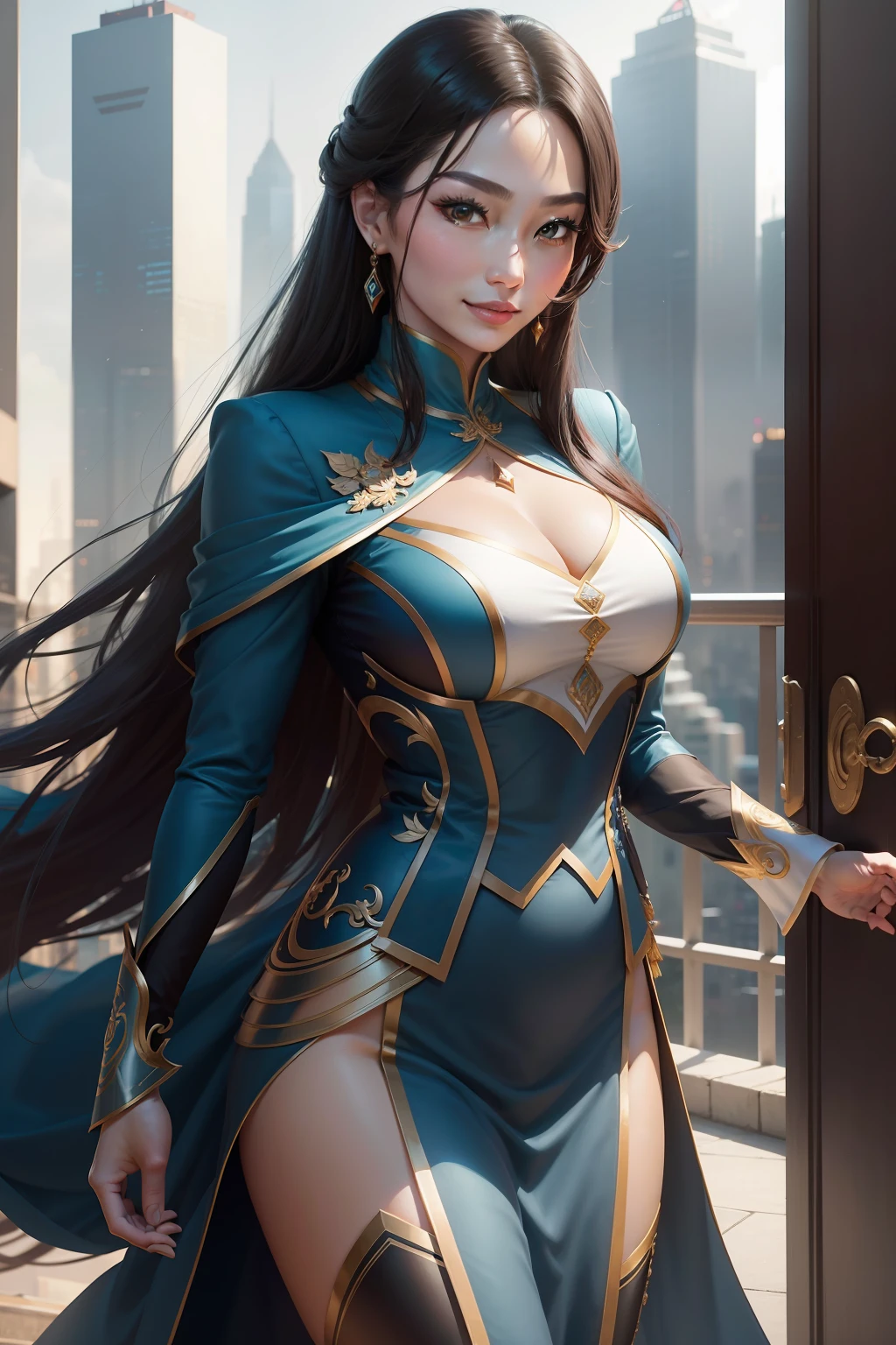 "President of Gao Leng Beauty, The aura is powerful, heroic look, Noble and elegant, The smile is mysterious and cold, Wear a professional suit, Wear delicate jewelry, Walk among the city skyscrapers, All show the power of dominance。"