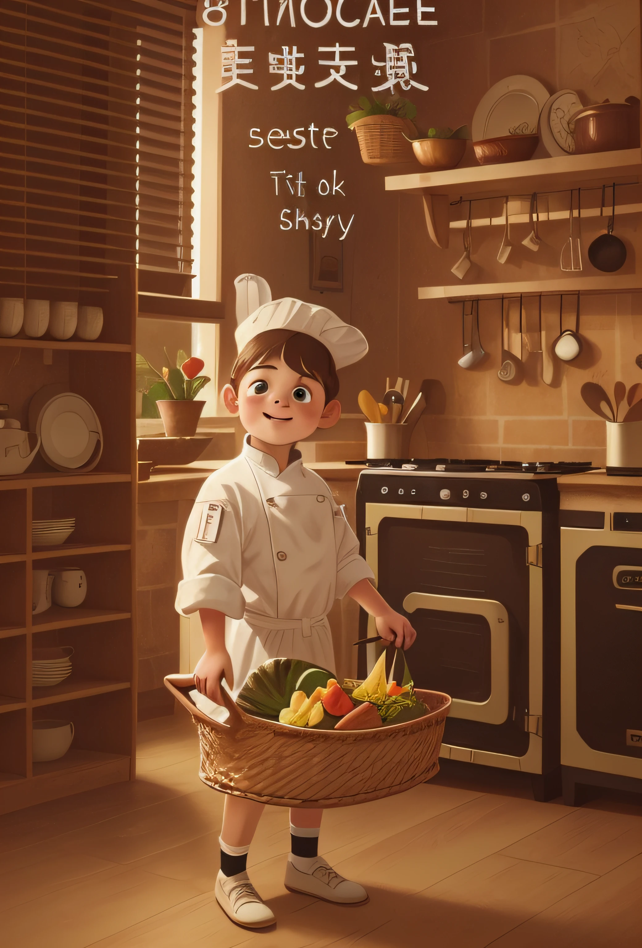 ((best qualtiy,8k,tmasterpiece:1.3)),(Cinematic light and shadow,soft shade,Sense of painting),There was a little boy,He was holding a basket of vegetables, Little cook, wearing white chef hat, photoshoot, best chef, culinary art photography, In the kitchen, Food photography, Cooking, home photography portrait, food stylist, Happy chef, Cute boy, White ?????, old kitchen backdrop, Photo session, In a kitchen, Advertising photography,Sense of painting