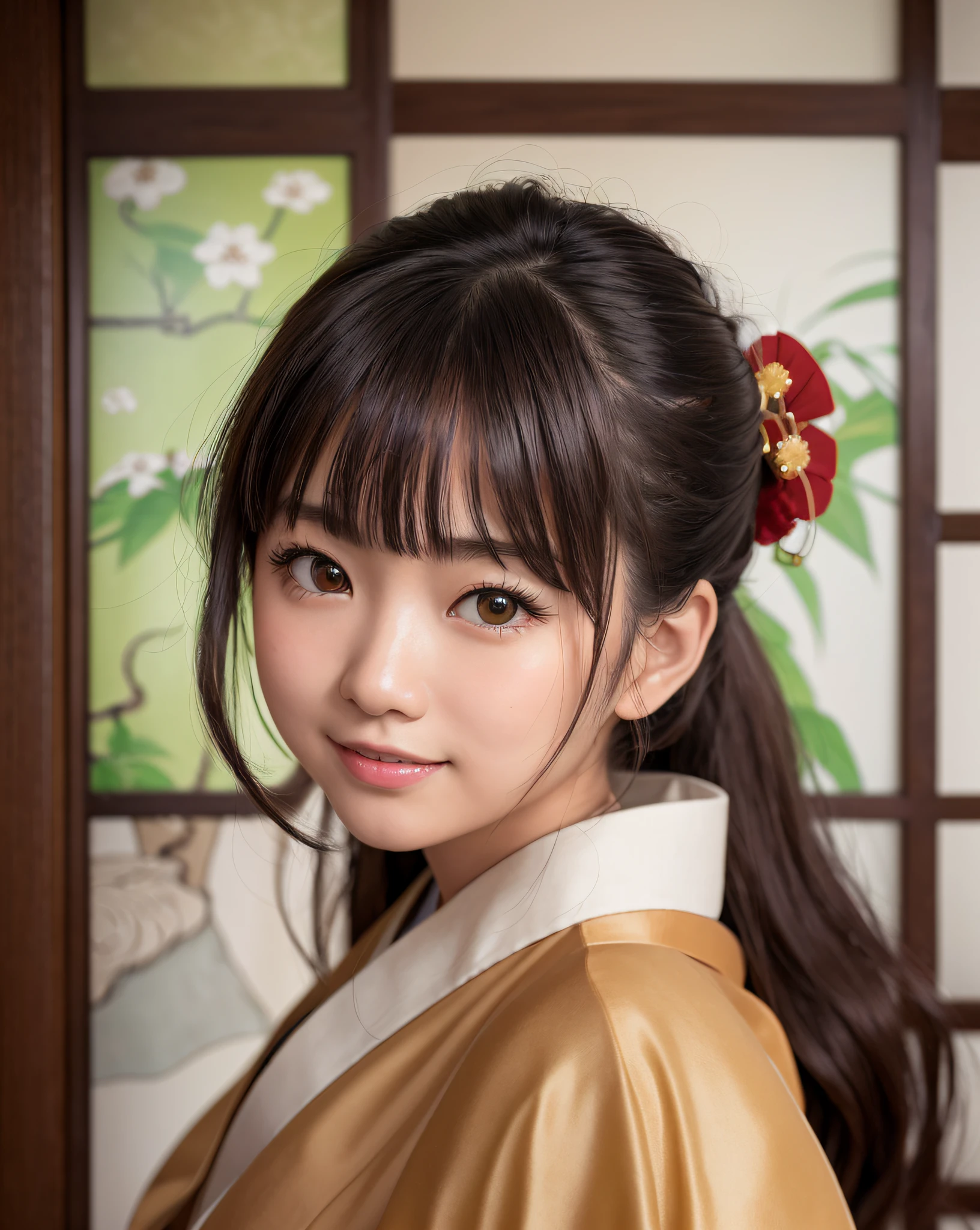 best quality, face focus, (depth of field) ,ultra high res, (photorealistic:1.4), RAW photo, Japanese-style room, alcove, hanging scroll
(portrait:1.4)
1japanese girl, solo, cute, smile, (brown eyes), natural face, (midi hair), 
(kimono:1.5)