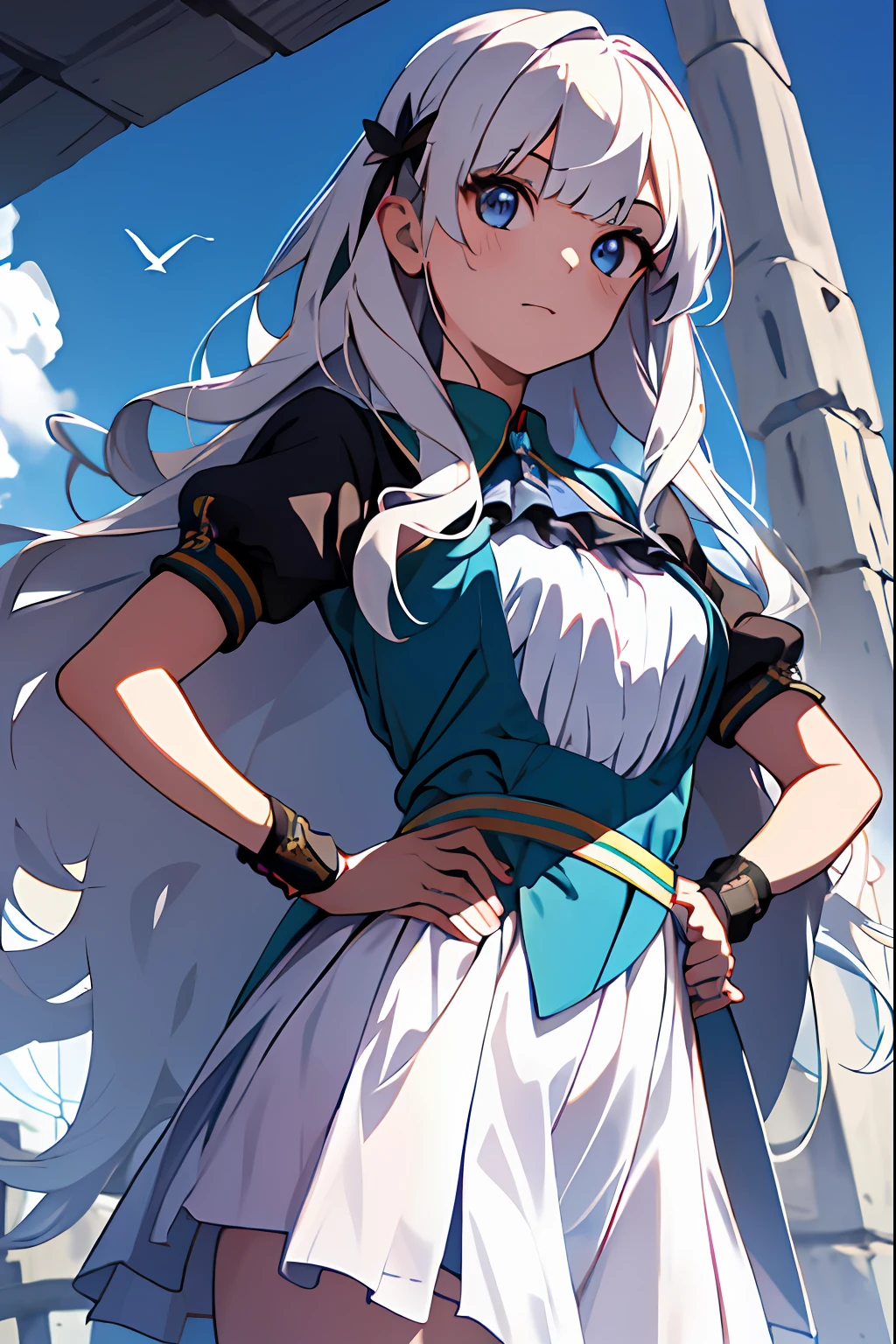 ((master part, best quality)),Very detailed, olhos simples,(ao ar livre,hands on hip),(seios grandes),((1girl)), doe_\(princesa_ligar!\),franja, preto_arco, louro_Hair, azul_olho, corar, arco, seios, cabo, capa, vestir, Onze, Luvas, Hair_arco, Hair_enfeite,Longas_Hair, Olhando_em_visualizador, open sky_boca, pontudo_Ouvidos, sorrir, coxas,saia branca