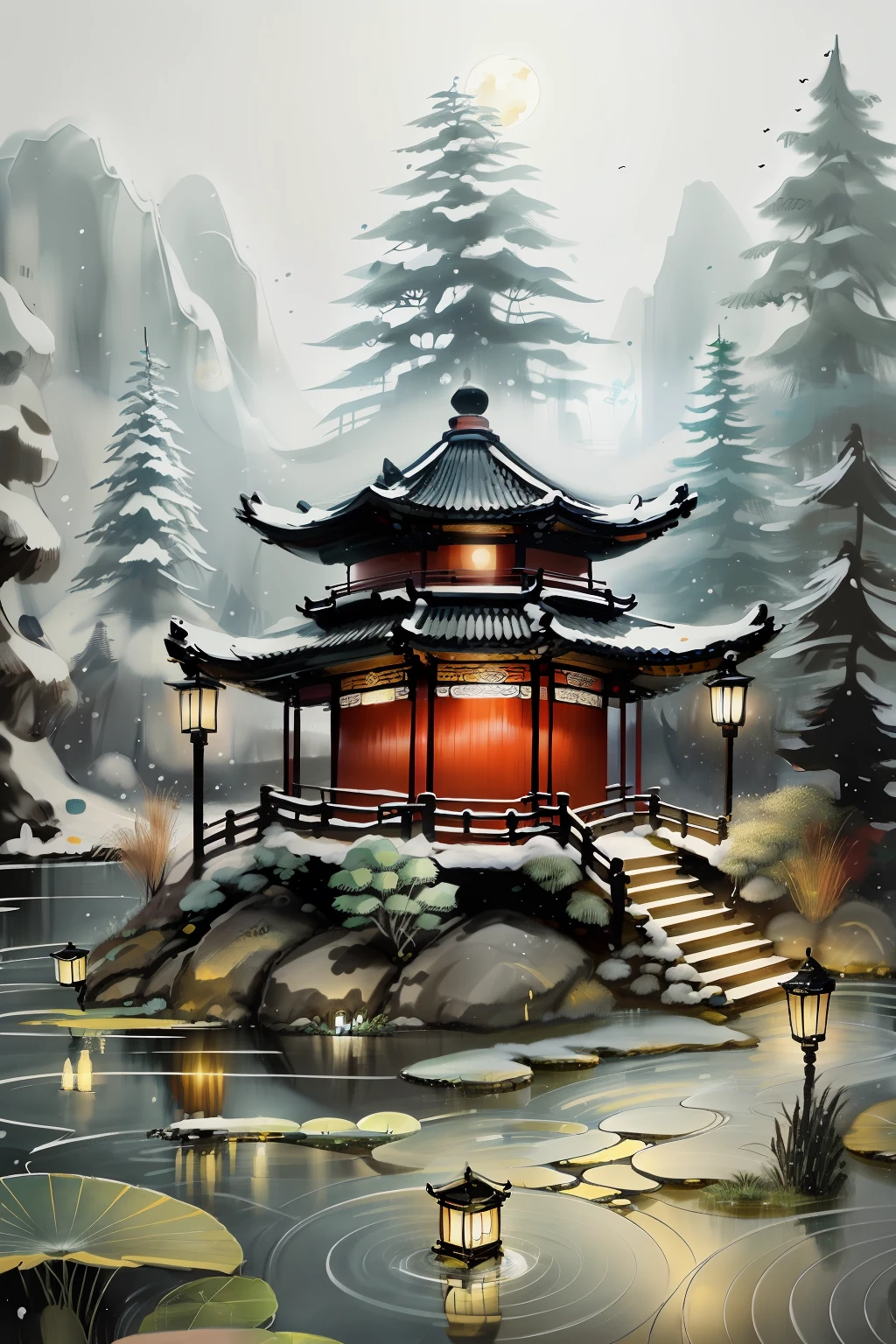 masterpiece,best quality,Chinese martial arts style,an snowing asian night scene with lanterns and water lilies,asian pond with many lanterns and boatsa night scene with many lights and boats in the water, snowflakes ,Lake surface, lotus flowers,beautiful night scene,(((Chinese martial arts style))), with vast sky, continuous mountains and steep cliffs, ink wash style, outline light, atmospheric atmosphere, depth of field, mist rising, bamboo, pine trees, octagonal stone pavilion, waterfall flowing water,big full moon,(No color) , Monochrome, light color,