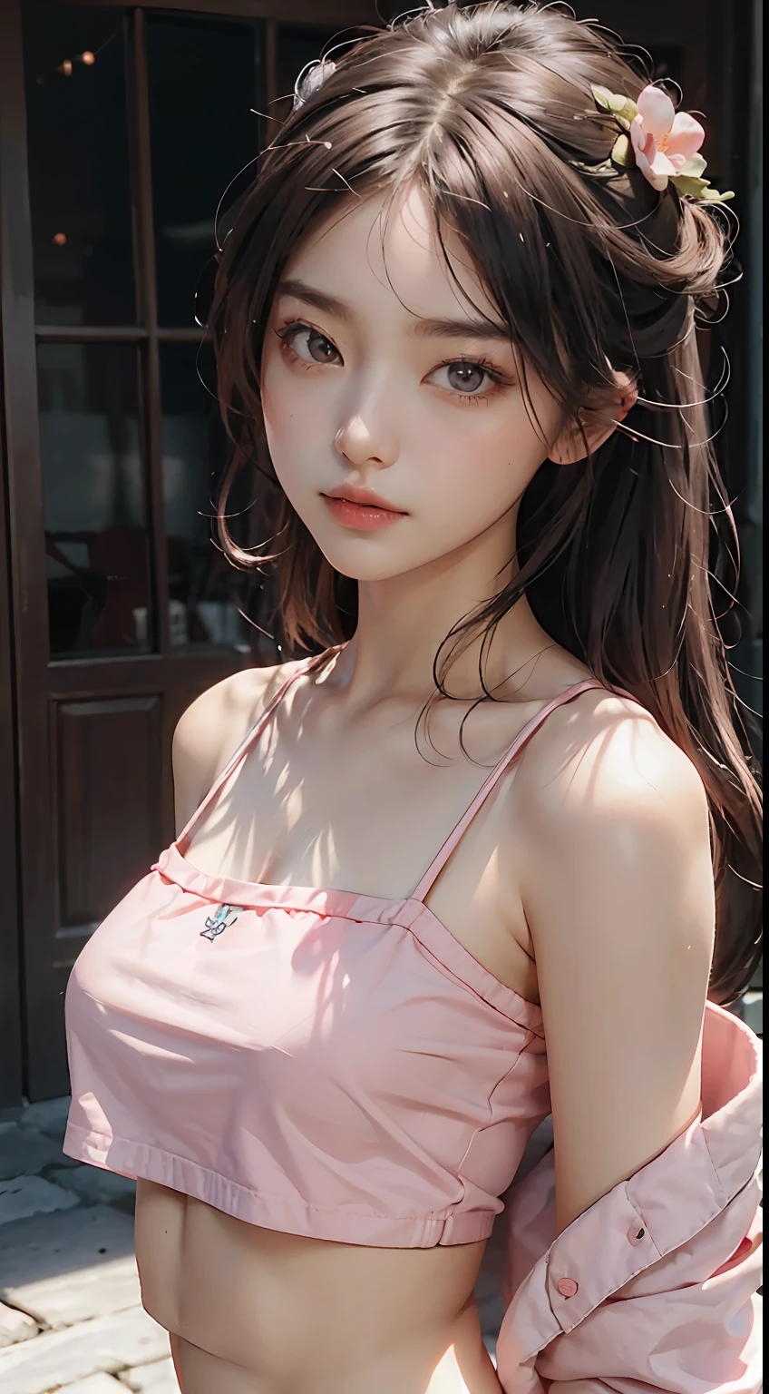 best qualtiy，tmasterpiece，超高分辨率，（Fidelity：1.4），RAW photogr，1girll，Peach blossom eyes，Cropped crop top，Pink off-the-shoulders，cinmatic lighting