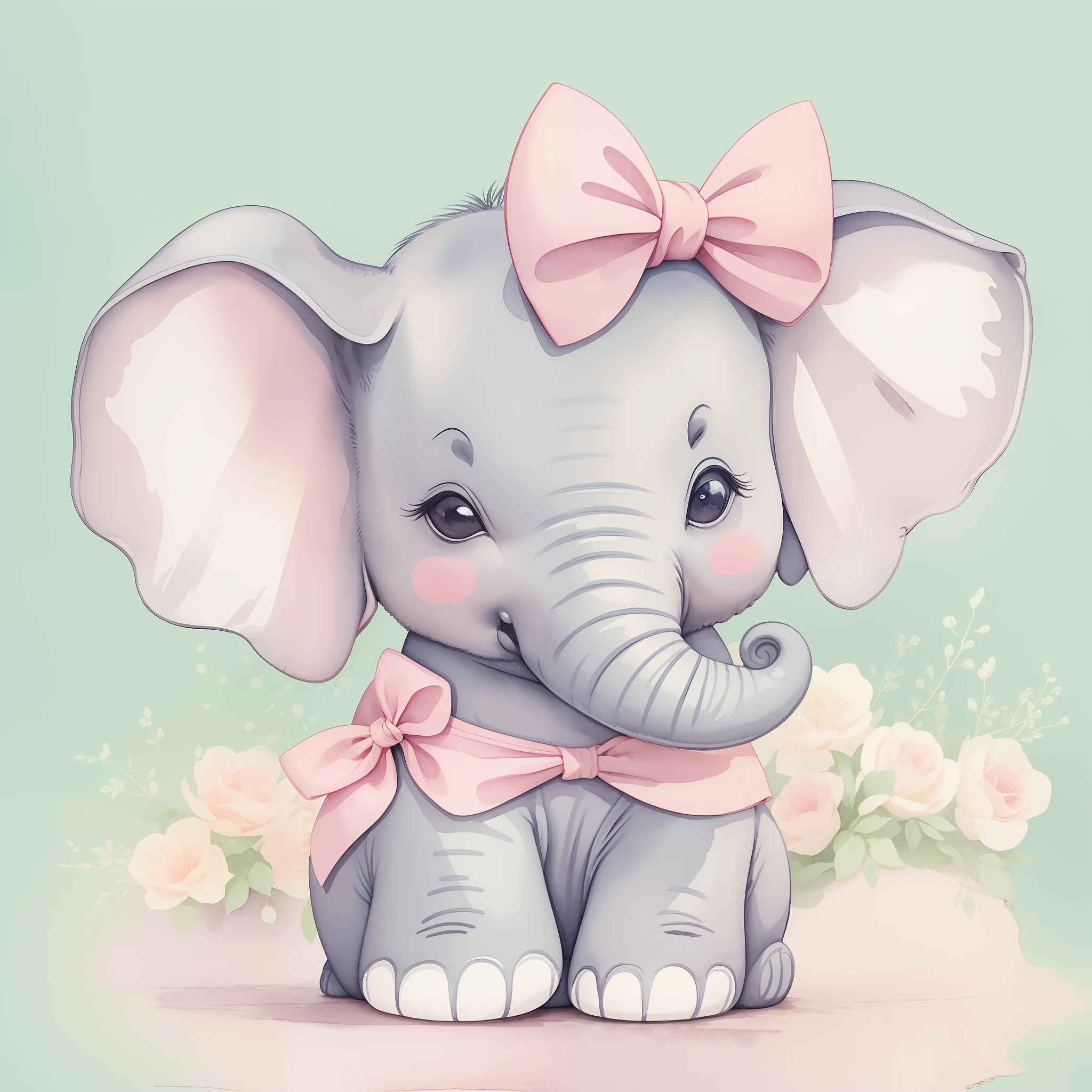 There is a watercolor painting of a gray elephant, he's sitting, wearing a pink bow around the neck, orelhas cor-de-rosa, cute illustration, Kawai, vetor, circunstanciado, beautiful illustration