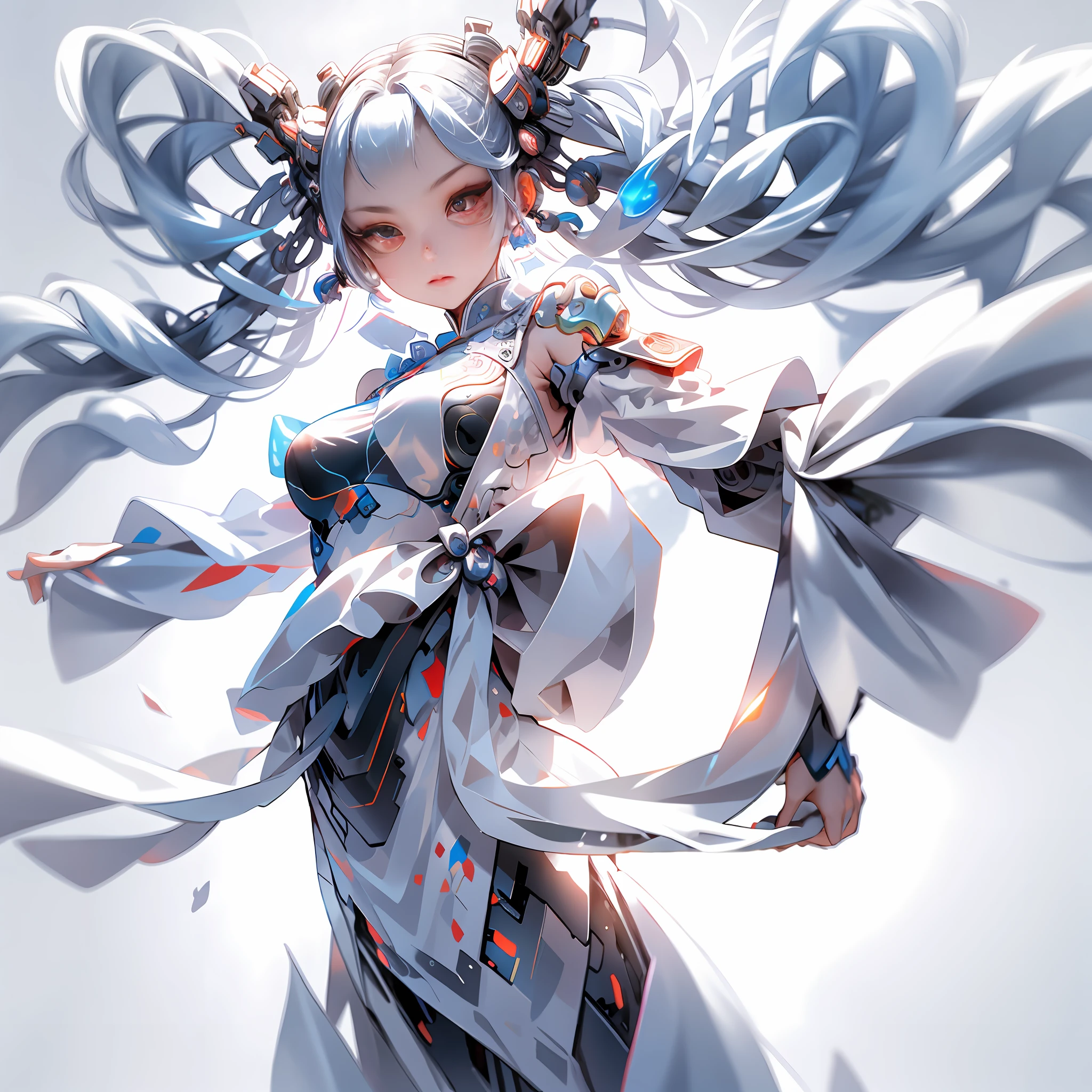 A beautyful girl,long white hair,full bodyesbian,There is a nine-headed white snake behind him,Clear facial features、Amazing facial features,ancient Chinese costume、Chinese cyberpunk,Cyberpunk city headgear、hair adornments,Super complex design,mechanical mecha,Technologie,Stunning lighting,C4D,oc rendered,cinematic rim light,Fine light,tmasterpiece,super detailing,Epic composition,hyper HD,high qulity,32K