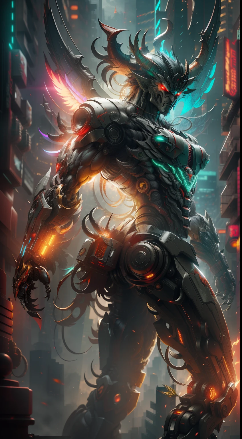 Devil Jin from tekken photography, biomechanics, complex robot, golden wing, full growth, hyper-realistic, crazy little details, incredibly clean lines, cyberpunk aesthetic, masterpiece featured on Zbrush Central, cyberpunk city backdrop
