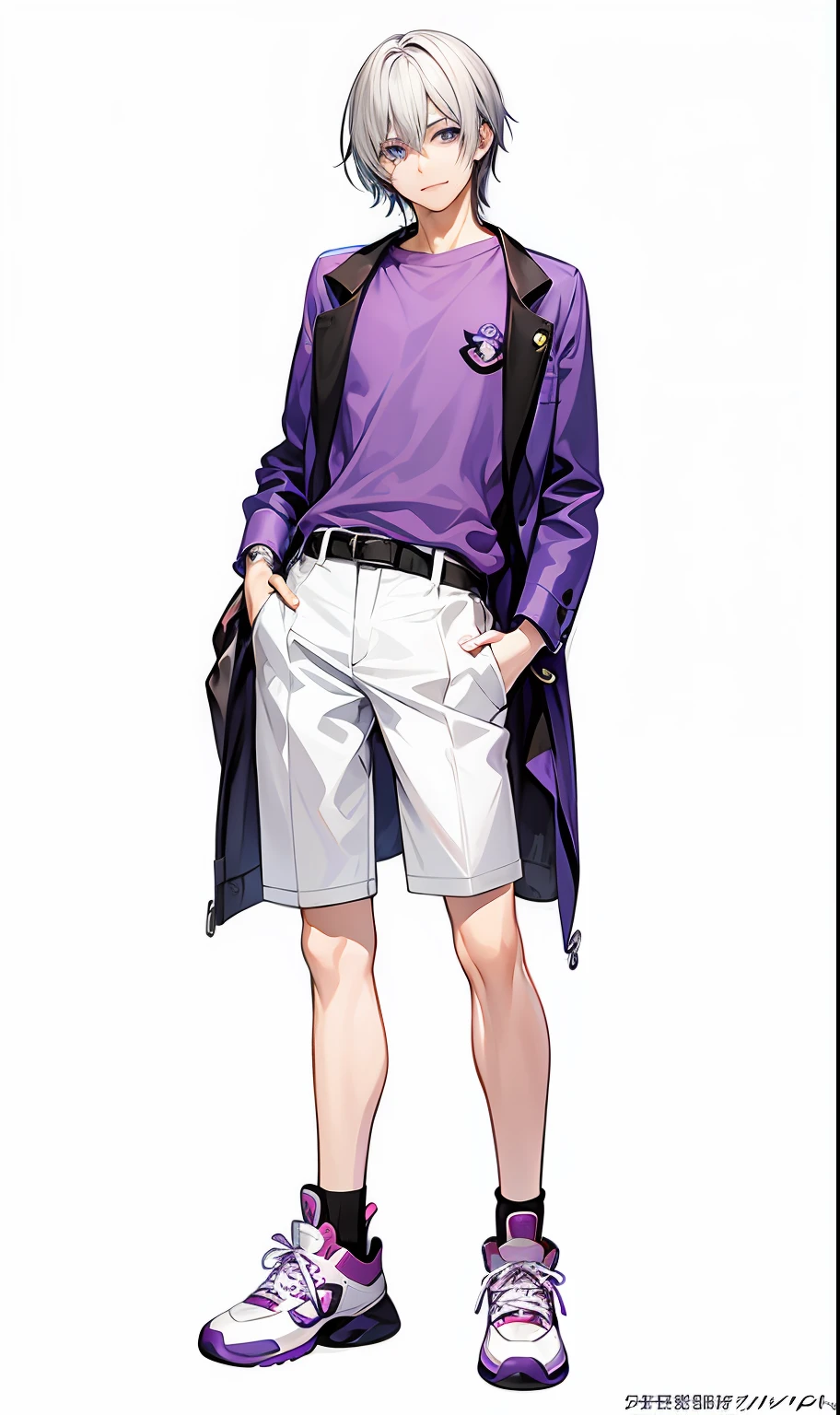 Anime characters with purple shirt and white shorts and purple shoes, kentaro miura art style, anime full body illustration, male anime character, miura kentaro style, full-body portraits, full body character portrait, character full body portrait, official character art, full body character portrait, kentaro miura manga art style, Tall anime guy with blue eyes