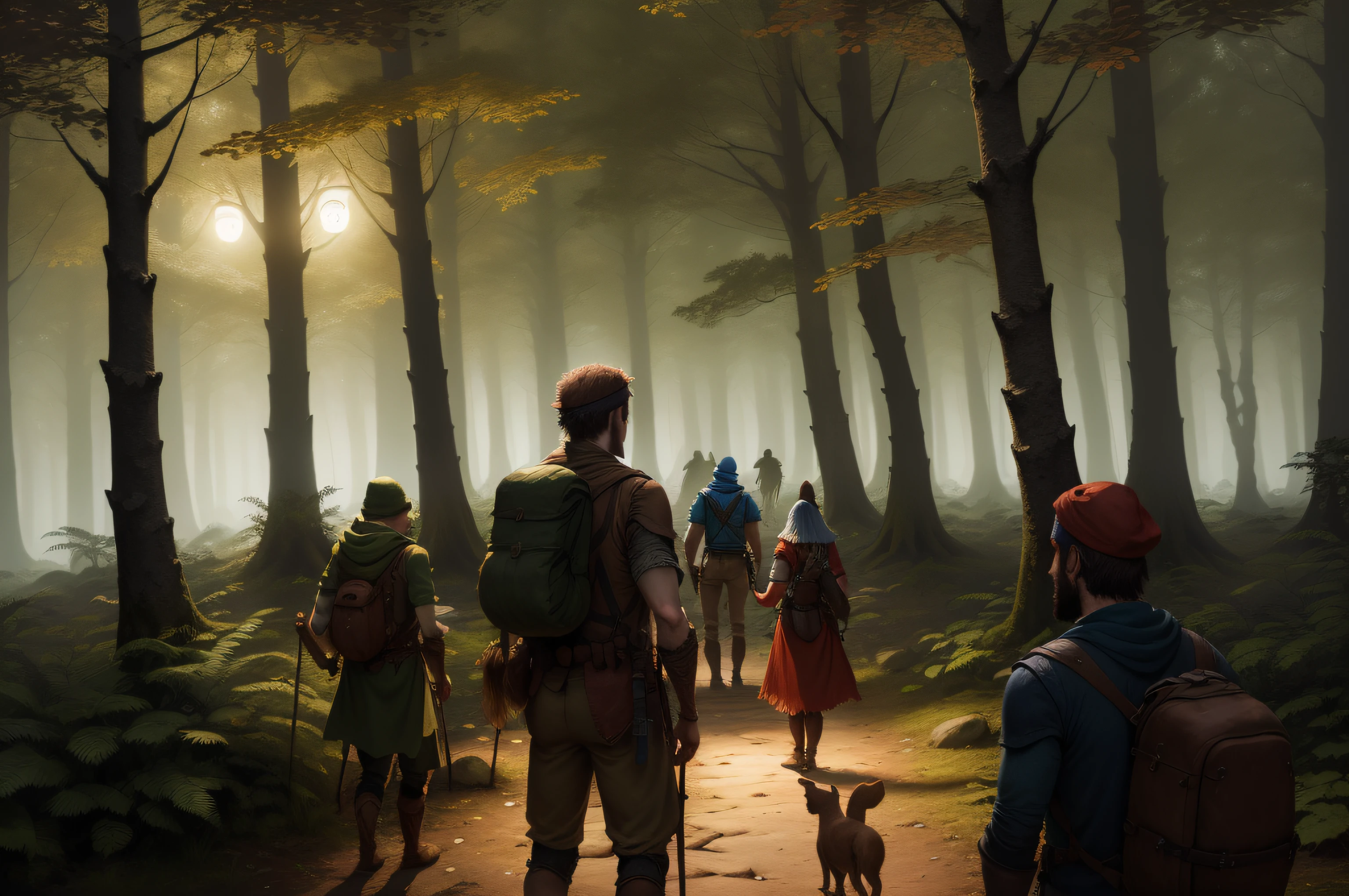 a group of adventurers in a forest at night surrounded by shadows