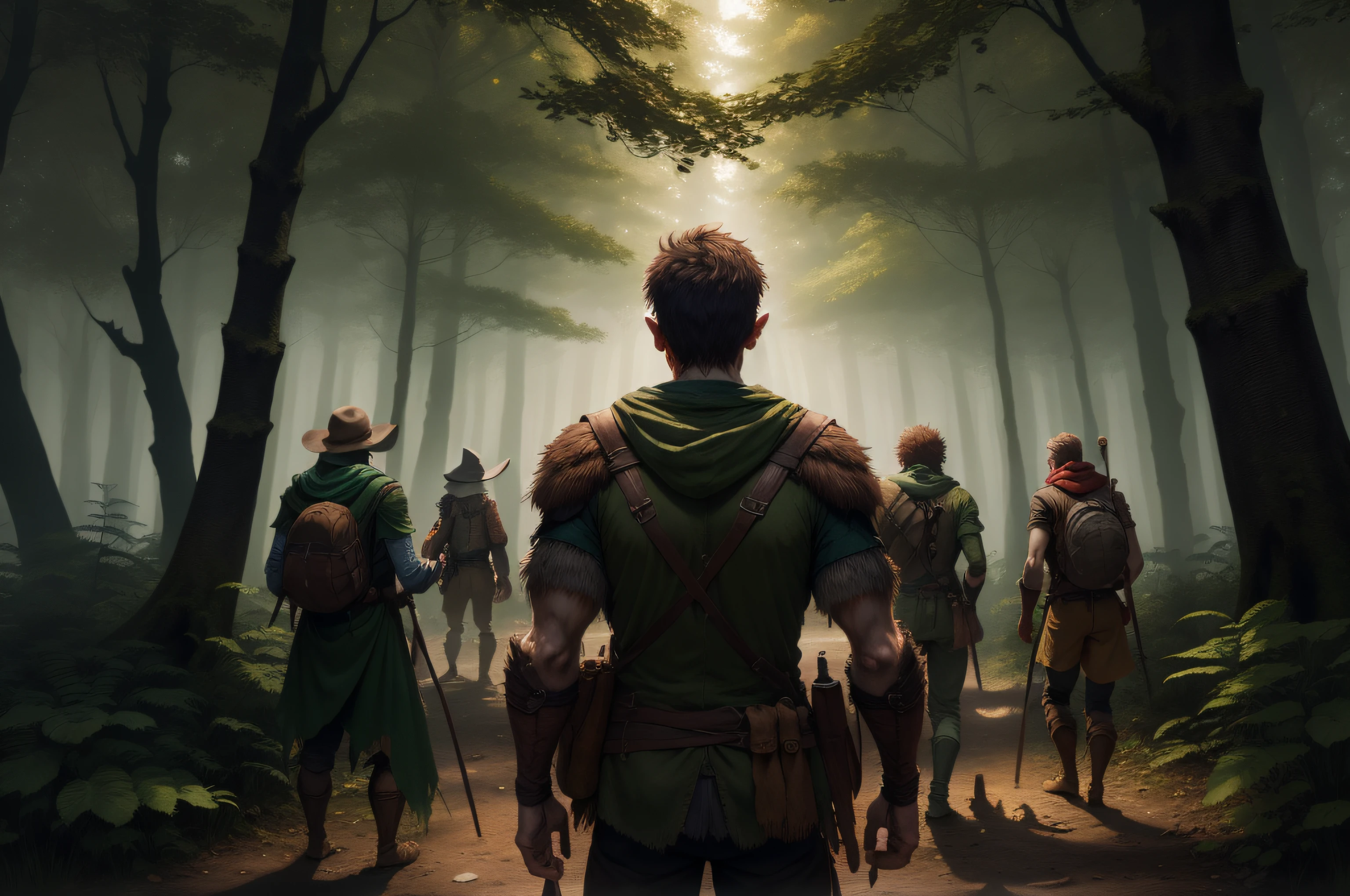 a group of adventurers in a forest at night surrounded by shadows