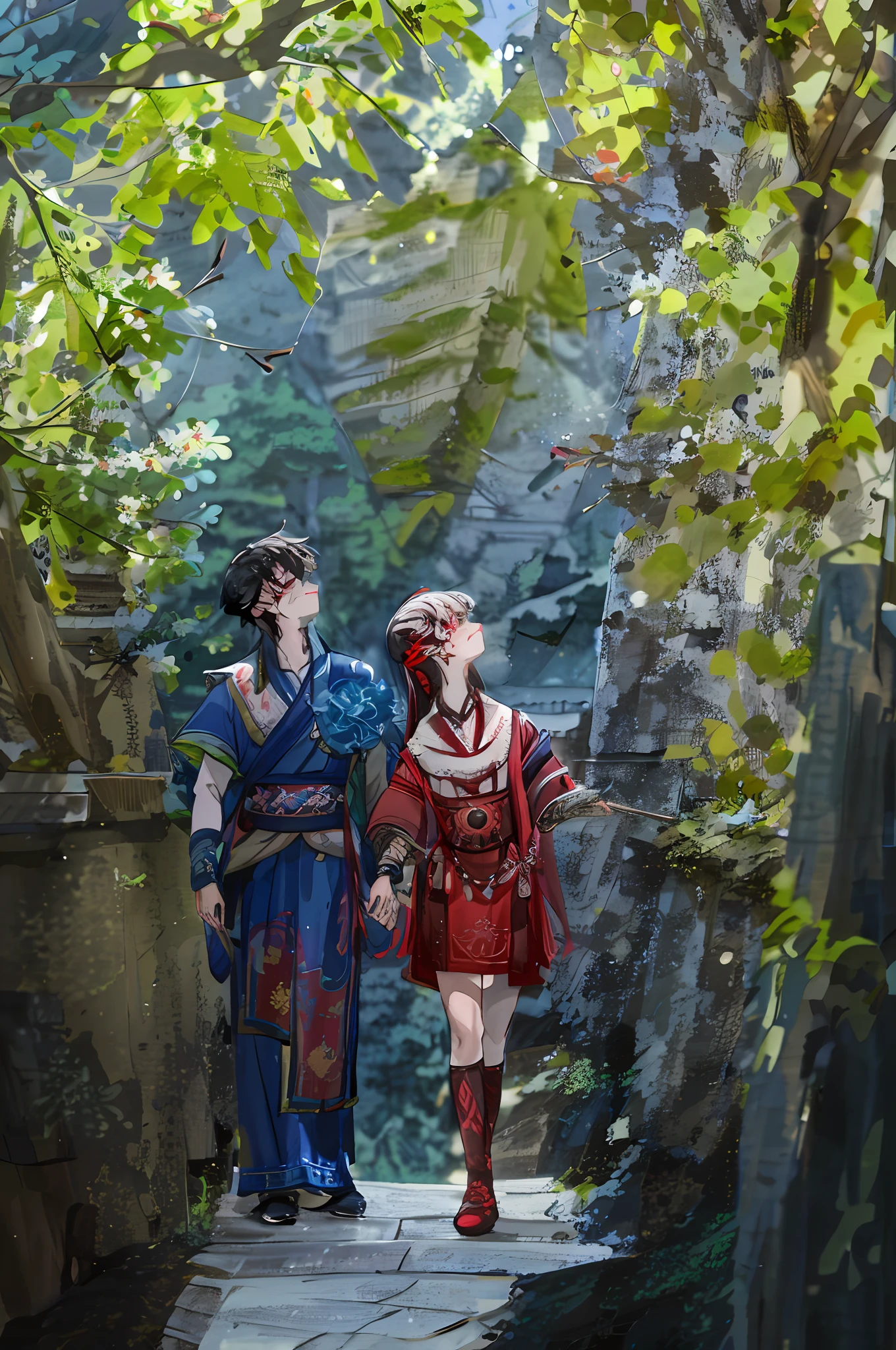 On the left is the boy, right side is girl,The boy led the girl and looked up,Laugh as you go,The boy was dressed in blue,The girl was dressed in red,They were in a narrow passage,On the left and right are mountain walls,There are fallen branches on it,Commercial illustration style,Hand-drawn,traditionalcostumes,HmongCostume