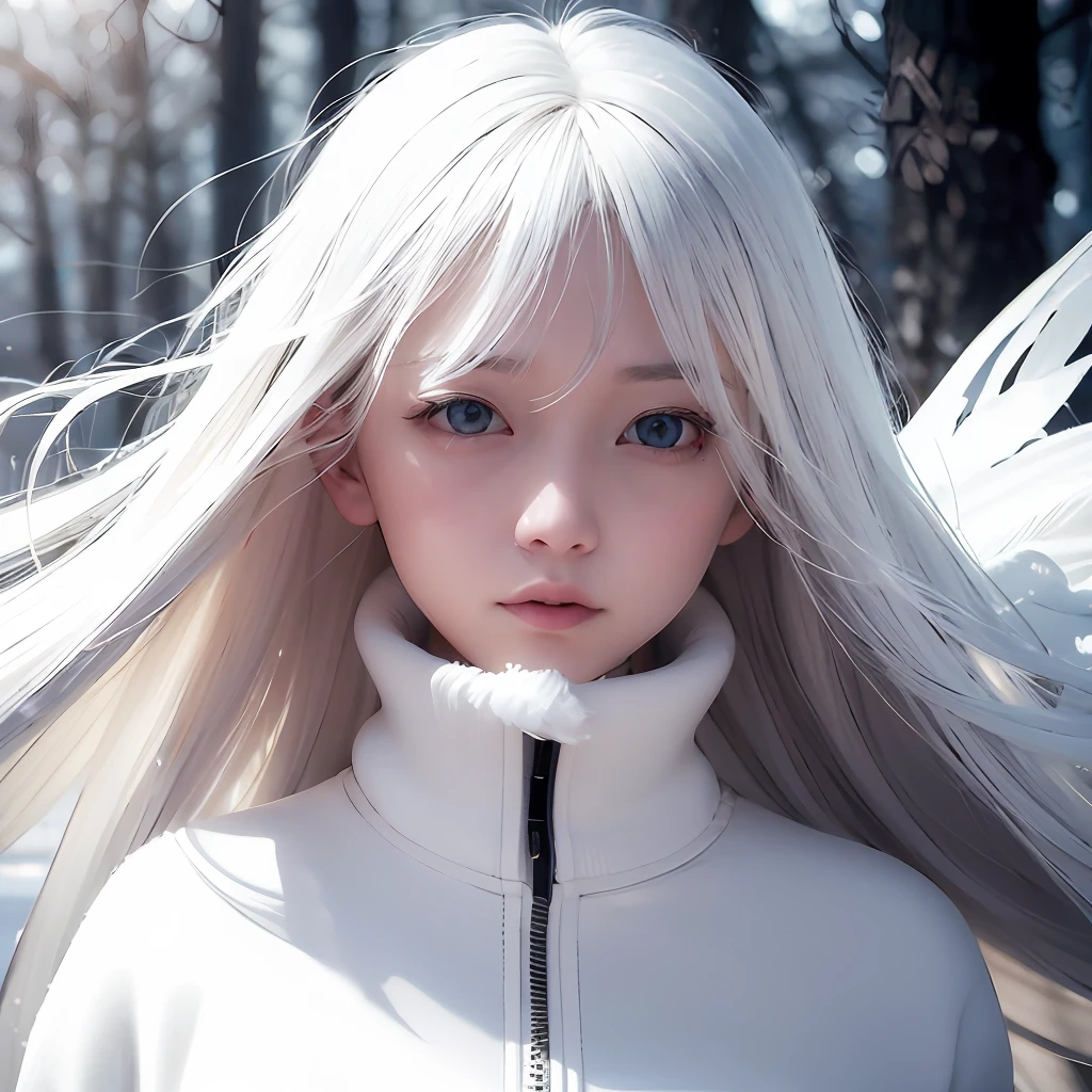 best quality, masterpiece, White hair,detailed, red eyes, windy, floating hair, snowy, upper body, detailed face, winter, trees, sunshine