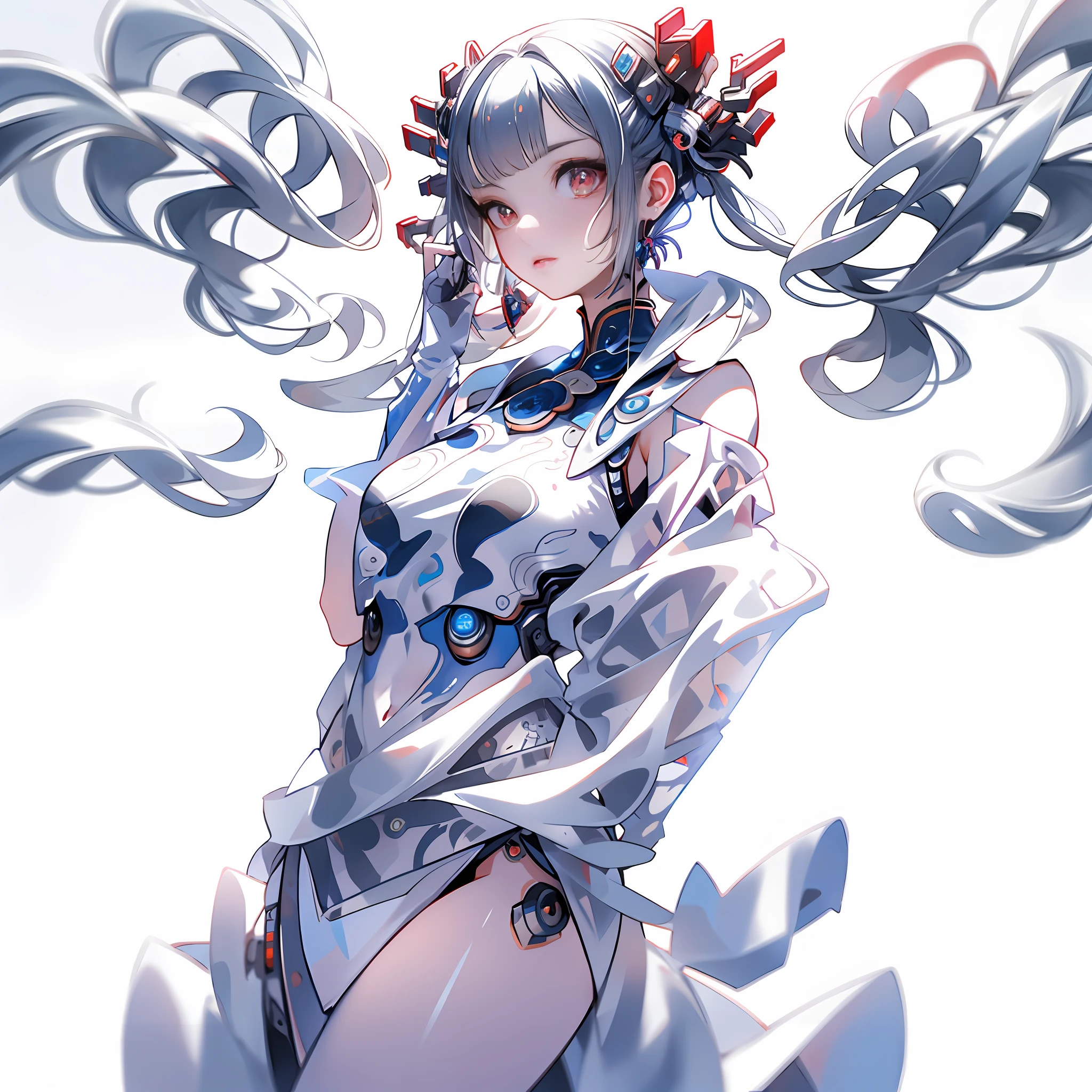 A beautyful girl，long  white hair，full bodyesbian，There is a nine-headed white snake behind him，Clear facial features、Amazing facial features，ancient Chinese costume、Chinese cyberpunk，Cyberpunk city headgear、hair adornments，Super complex design，mechanical mecha，Technologie，Stunning lighting，C4D，oc rendered，cinematic rim light，Fine light，tmasterpiece，super detailing，Epic composition，hyper HD，high qulity，32K