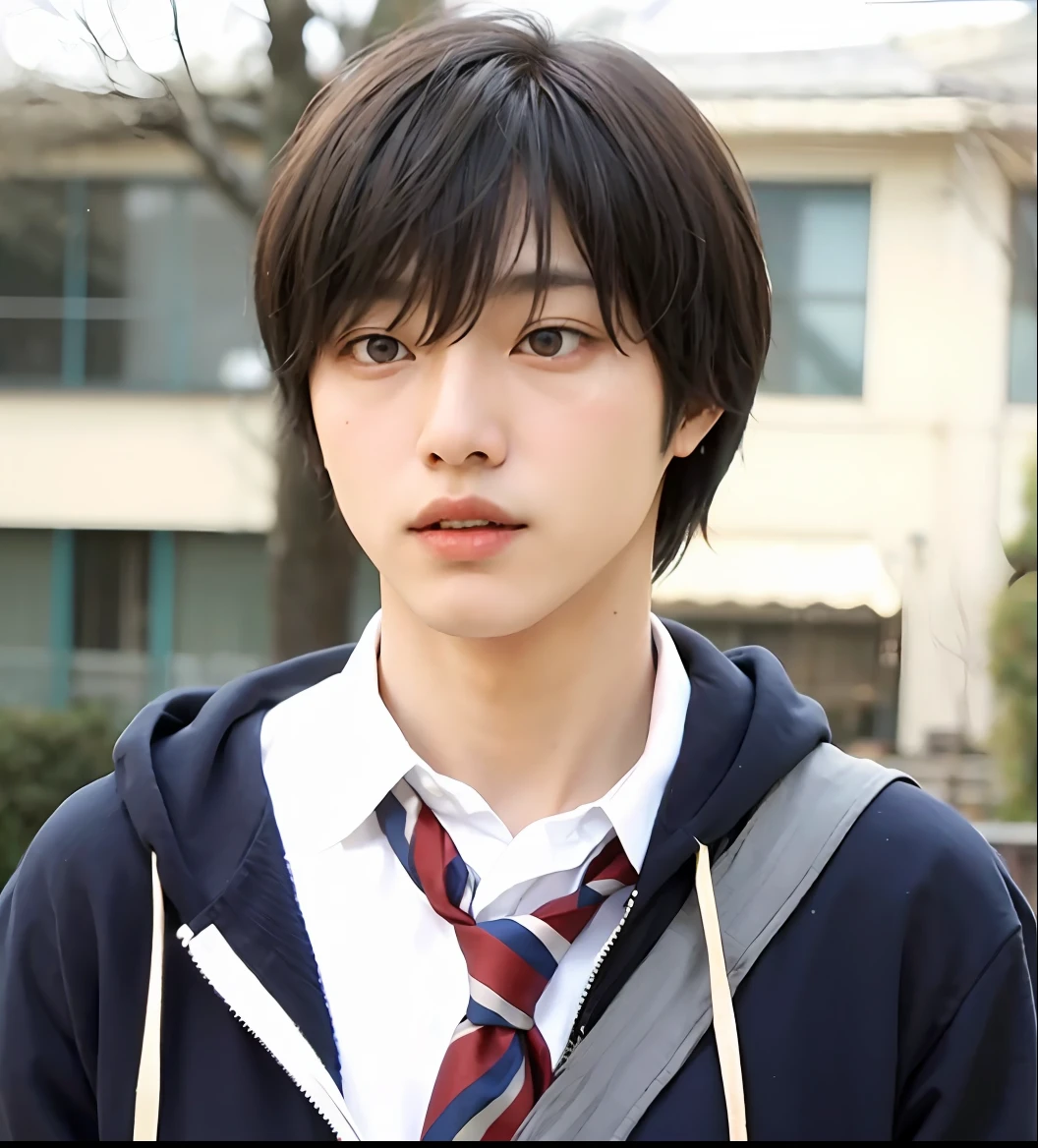Arab asian boy in blue hoodie and red tie, japanese live action movie, kousuke oono, aramaki shinji, live action movie scene, toru furuya, kinu nishimura, ando tadao, shinji, As an anime character, still from live action movie, tsubasa nakai's style、actor、Kento Yamazaki