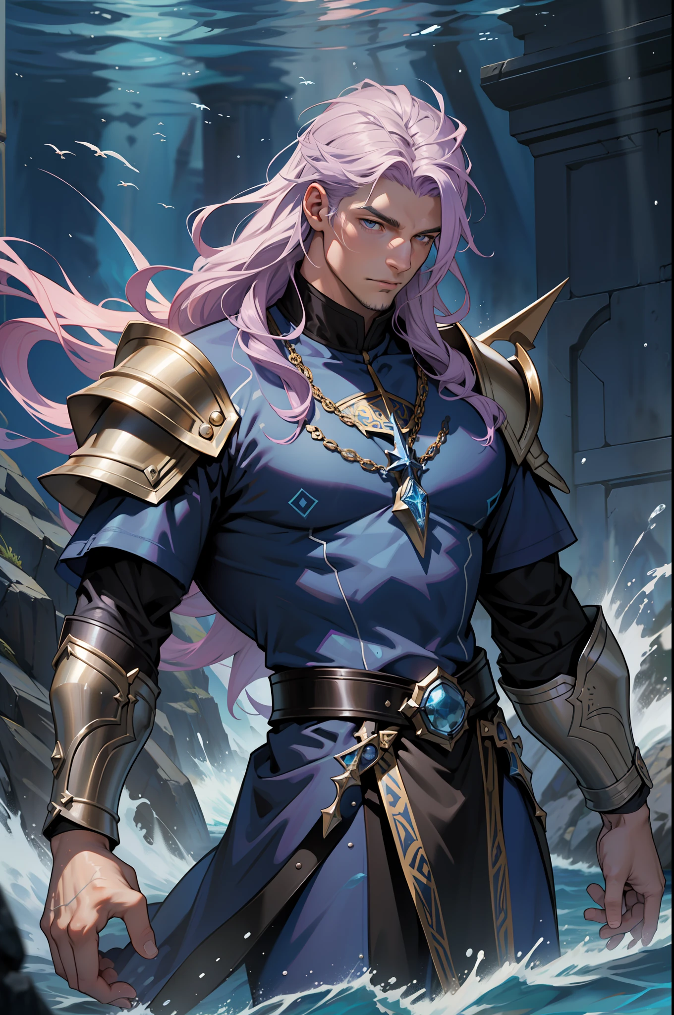 The facial features are clear and three-dimensional，Masterpiece，Highest quality，Handsome male guy，light violet hair，Wearing a dark blue animal skin coat，holy paladin，European knights，medieval times，swell sea，Sea depth，Poseidon，Neptune fork，Poseidon Trident，Manipulating water magic，depth of fields，