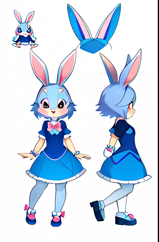 There is a cartoon rabbit，Blue dress and pink bow, edgBunny_Character, cute character,, female furry mini cute style, cute anthropomorphic bunny, Game character design,, Judy Hopps, Stylized anime, ( ( concept art of character ) ), anthropomorphic rabbit