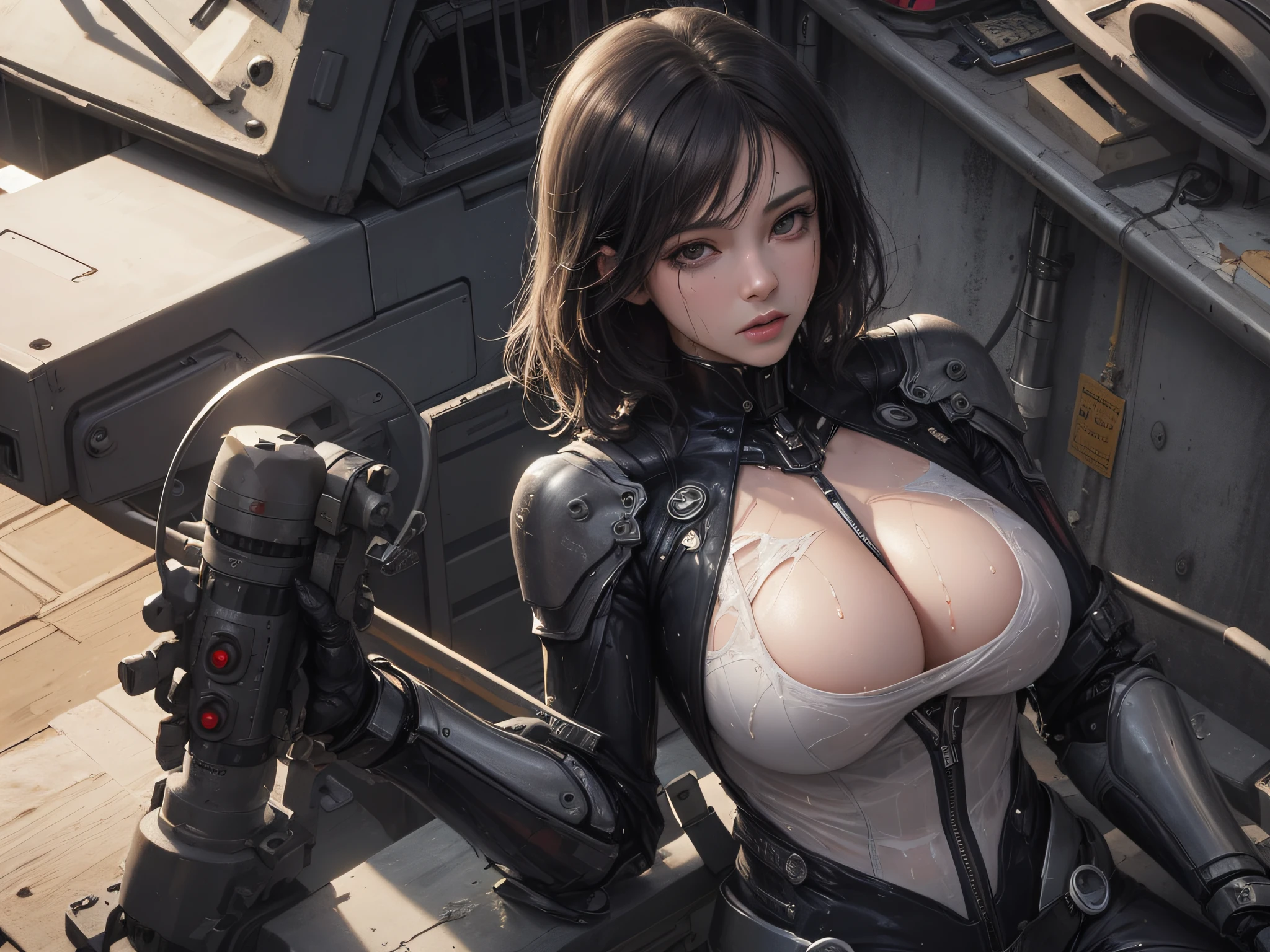 lose up portrait of woman in wetsuit holding gun, smooth digital concept art, an oppai cyberpunk, glossy wet skin!!, biomechanical oppai, Painted in high resolution, wet shiny skin, 8k high quality detailed art, [ 4 k digital art ]!!, very detailed Artgerm, rendered in sfm, fanart best artstation(Very cute woman gets futuristic cyberpunk hotel bodysuit completely torn sexy、Perfect body-wide coverage))。Afrocurly Black Medium Length Hair、40k、a picture、​masterpiece、top-quality、Dark gray background、((1girl Glen's eyes and gorgeous light black hair、Beautiful perfect face、juicy lips、de pele branca))。Sexy ass soft breasts and white skin、Bimbo lips、Beautiful Caucasian woman in T pose。long legged((perfect chest:1.4))、((Very soft breasts))、hyperdetailed face、A detailed eye。Inside the spacecraft of the future。(((she is soaking wet)))、Her clothes were almost torn and torn.、Damaged、Skin exposed、White substance and water are running down her body areola sticking out、Underwear is sliding off、Metamorphosis、Sexy Pornstar Pose、Have a gun of the future