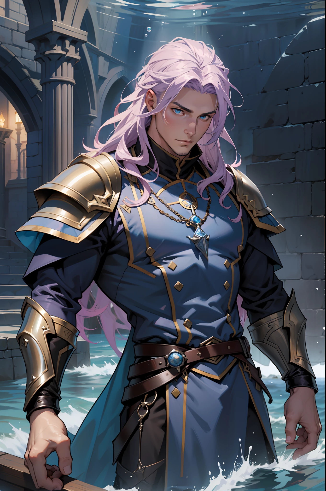 The facial features are clear and three-dimensional，Masterpiece，Highest quality，Handsome male guy，light violet hair，Wearing a dark blue animal skin coat，holy paladin，European knights，medieval times，swell sea，Sea depth，Poseidon，Neptune fork，Poseidon Trident，Manipulating water magic，depth of fields，
