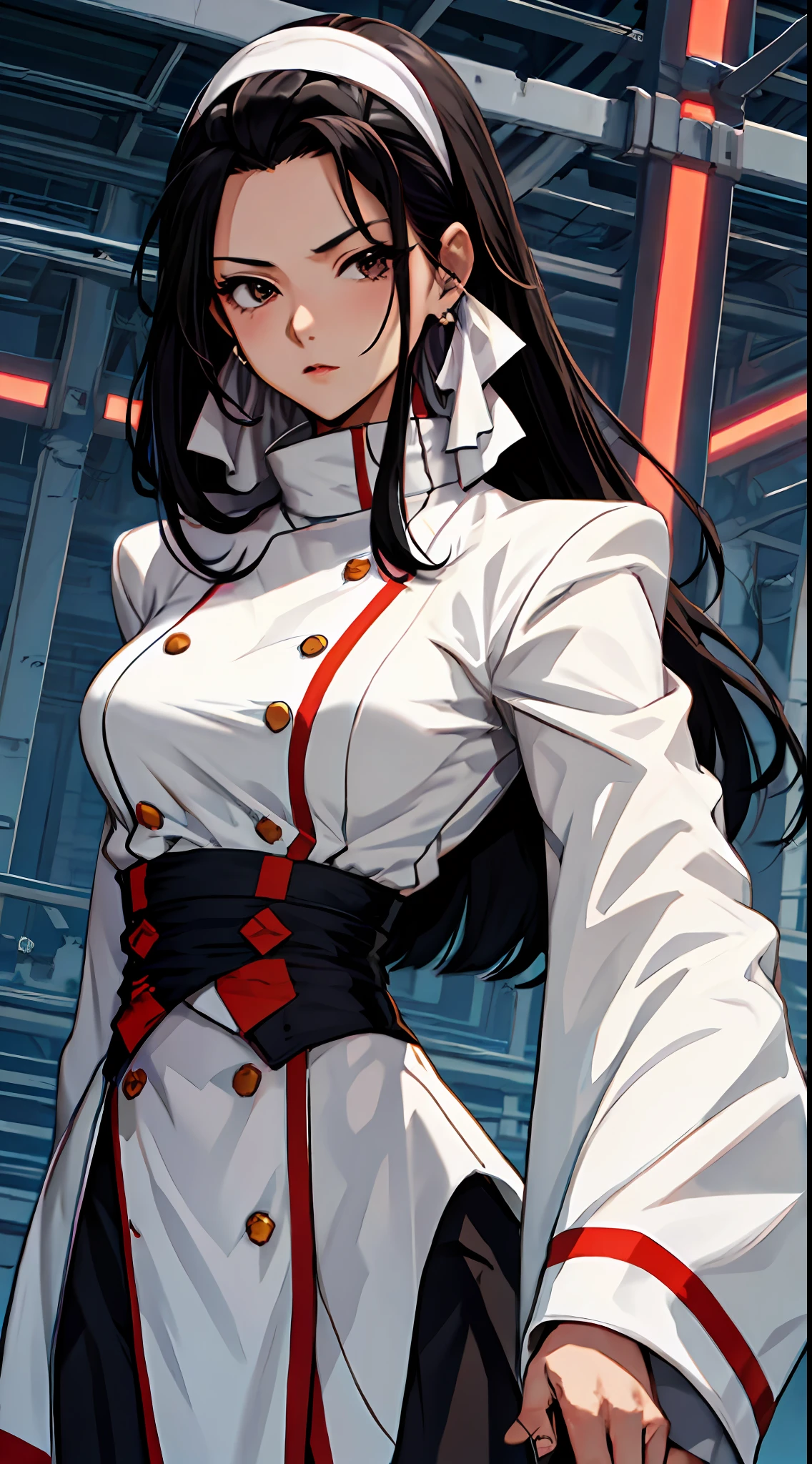 （tmasterpiece，best qualtiy，A high resolution，统一 8k 壁纸，Extremely detailed CG：1），（illustratio：1.0），1girll，chizurums，（white hair ribbon），white  clothes，Black color hair，jewely，耳Nipple Ring，Wide sleeves，obi strip，bangle，Black pantsuit，Large breasts，（cropped shoulders），（cleavage）