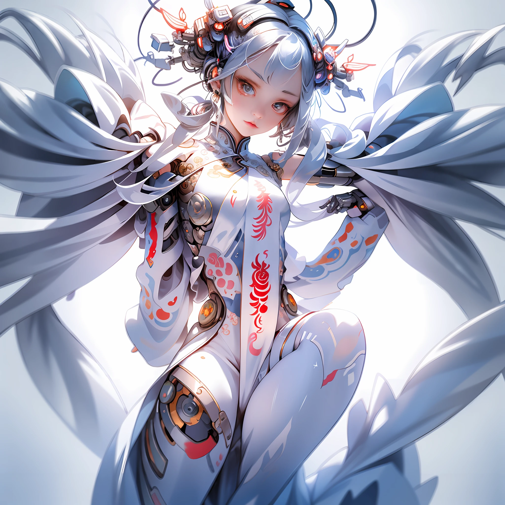A beautyful girl,long white hair,full bodyesbian,There is a nine-headed white snake behind him,Clear facial features、Amazing facial features,ancient Chinese costume、Chinese cyberpunk,Cyberpunk city headgear、hair adornments,Super complex design,mechanical mecha,Technologie,Stunning lighting,C4D,oc rendered,cinematic rim light,Fine light,tmasterpiece,super detailing,Epic composition,hyper HD,high qulity,32K