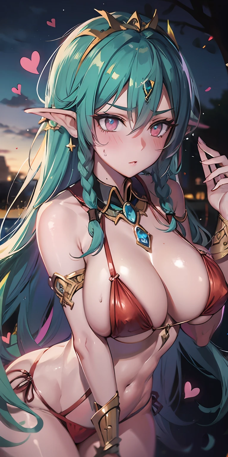 obra-prima: 1.5, melhor qualidade: 1.2, hentai, 1girl, cabelo aqua, blush, seios, olhos brilhantes, middlebreasts, (rosto de safada), sweatdrop, tremor, suor, ombros nus, 鎖骨, cintura estreita, Heart, arcano, microbikini, sbikini, tyrande, twin braids