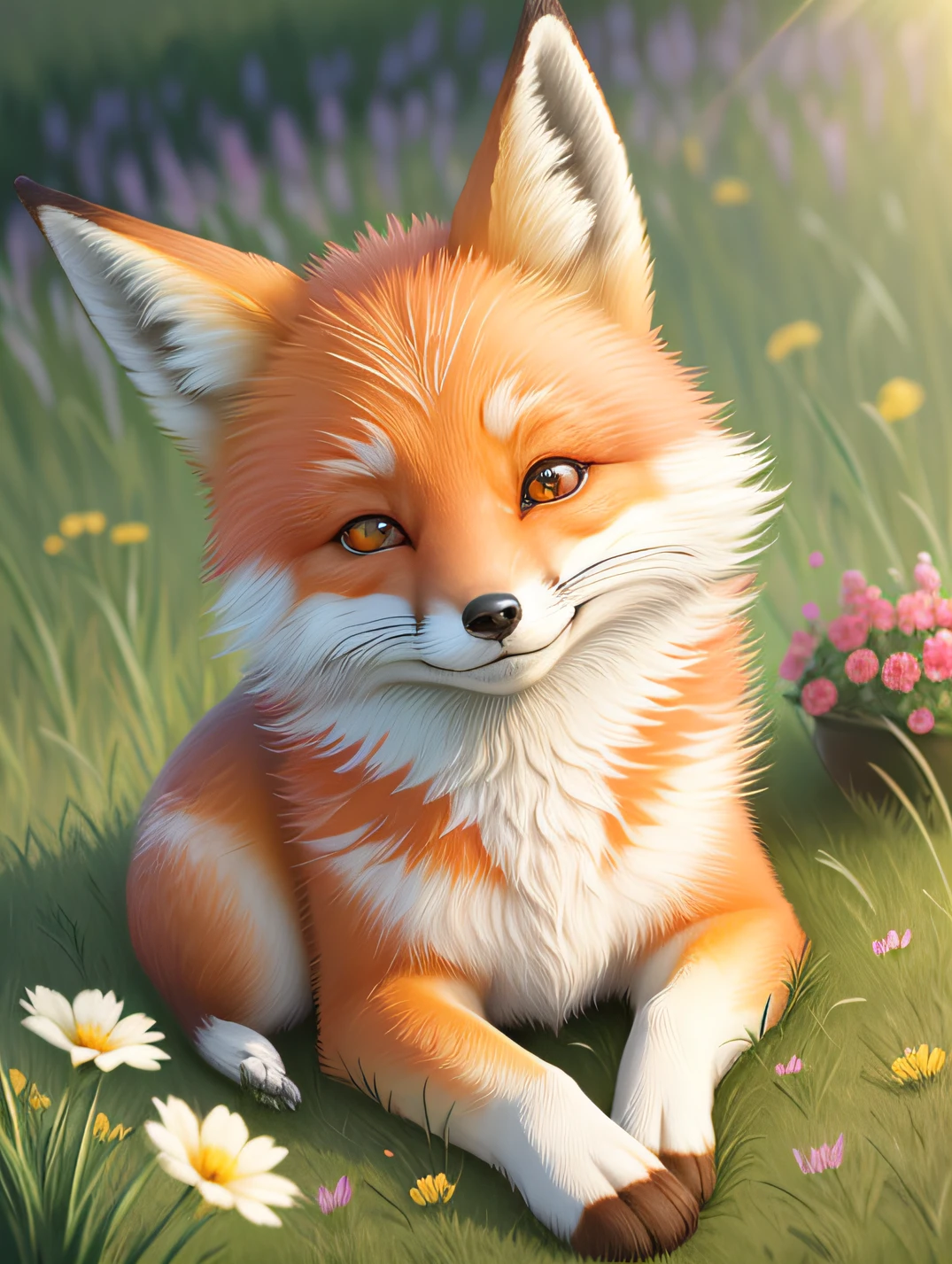 Beautiful fox, eyes open, smiling, grass, flowers, and good lighting