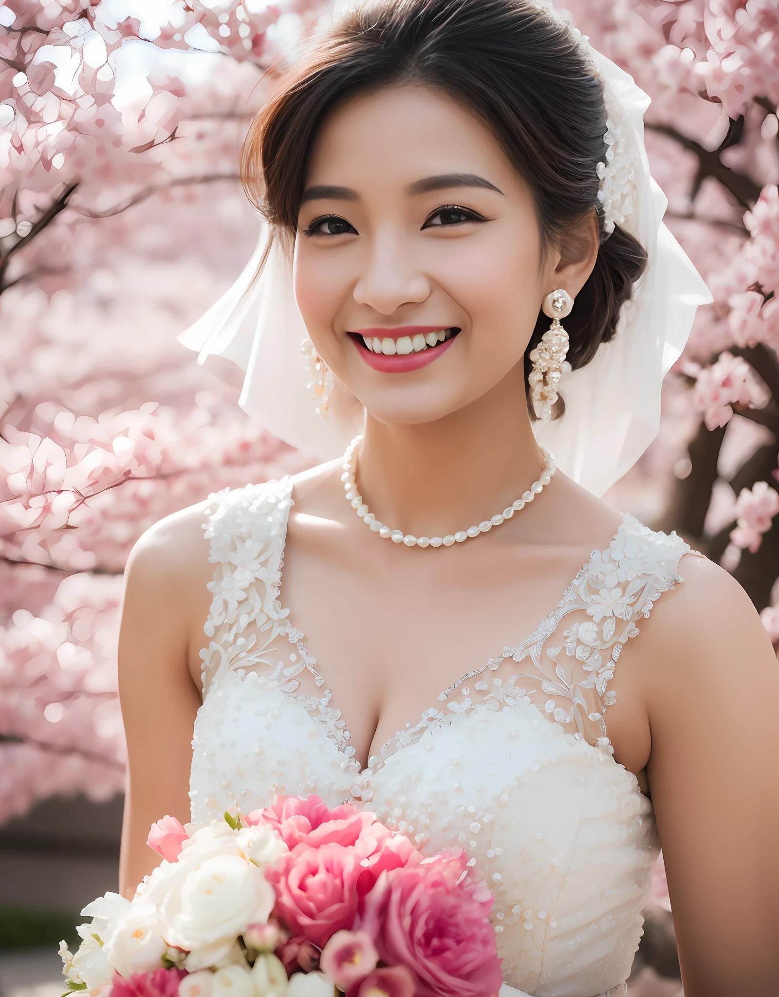 Smiling Asian bride with upswept hair, red lips, pearl earrings, holding bouquet, sakura petals falling around her. (8K, Best Quality : 1.2), (Masterpiece, Photorealistic : 1.3), Super Detail, anatomically correct