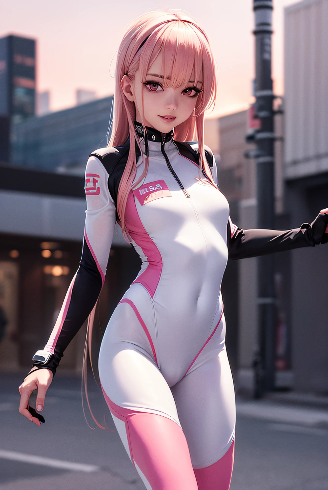 (solo), (a detailed full body RAW photo of a girl), (masterpiece:1.0), (best quality:1.4), (ultra highres:1.2), (photorealistic:1.4), 8k resolution, Canon EOS R5, 50mm, absurdres, ultra detailed, (18yo), sharp focus, cinematic lighting, detailed beautiful face, (heavy makeup), (ulzzang-6500-v1.1), petite figure, detailed skin texture, pale skin, flat chest, (pale nipples:0.5), (skinny and fit body:1.3), thigh gap, detailed long blond hair, messy hair, (Avril Lavigne:0.7), smiling, (futuristic fashion, streetwear, high-tech fabrics, racing suit, fireproof material, elbow and knee pads, racing gloves:1.1), contrapposto, (Kpop idol), (azur lane\), cityscape, outdoors, ((white+pink theme)),
