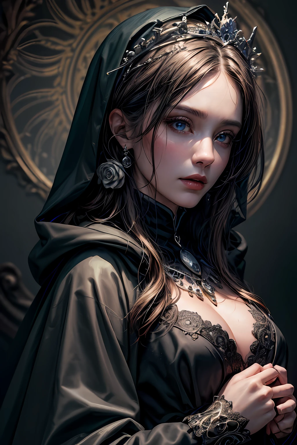 (masterpiece,best quality,realistic:1.37), (intricate and delicate, high detailed skin and face), beautiful queen in black dress suite, wraping in luxurious dark hooded robes, dark roses and skull adorn her cloth, (tiara,roses,skull ornamental,black,dark),blue eyes, dark background, cinematic soft lighting