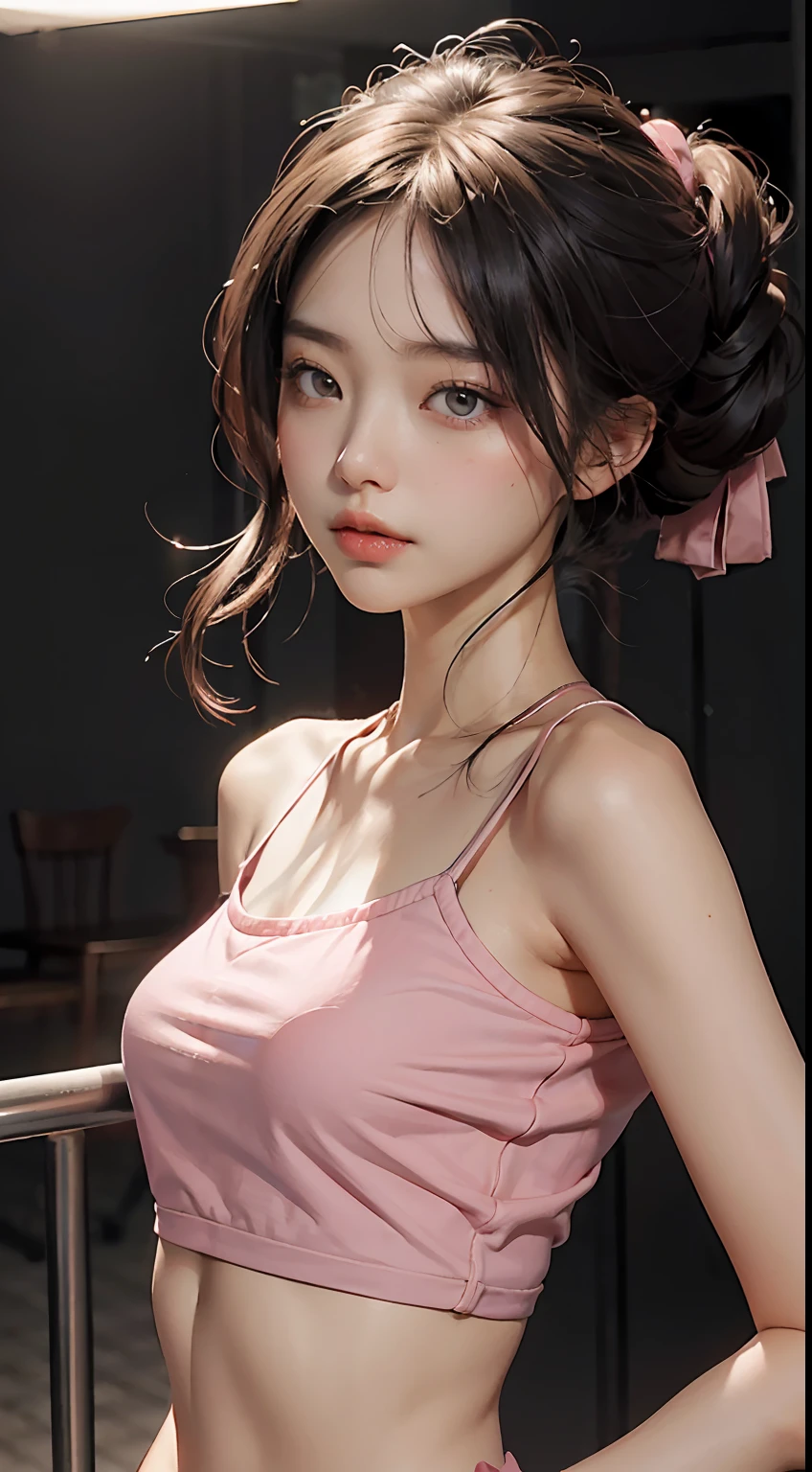 best qualtiy，tmasterpiece，超高分辨率，（Fidelity：1.4），RAW photogr，1girll，Brushed eyes，Cropped crop top，Pink off-the-shoulders，cinmatic lighting