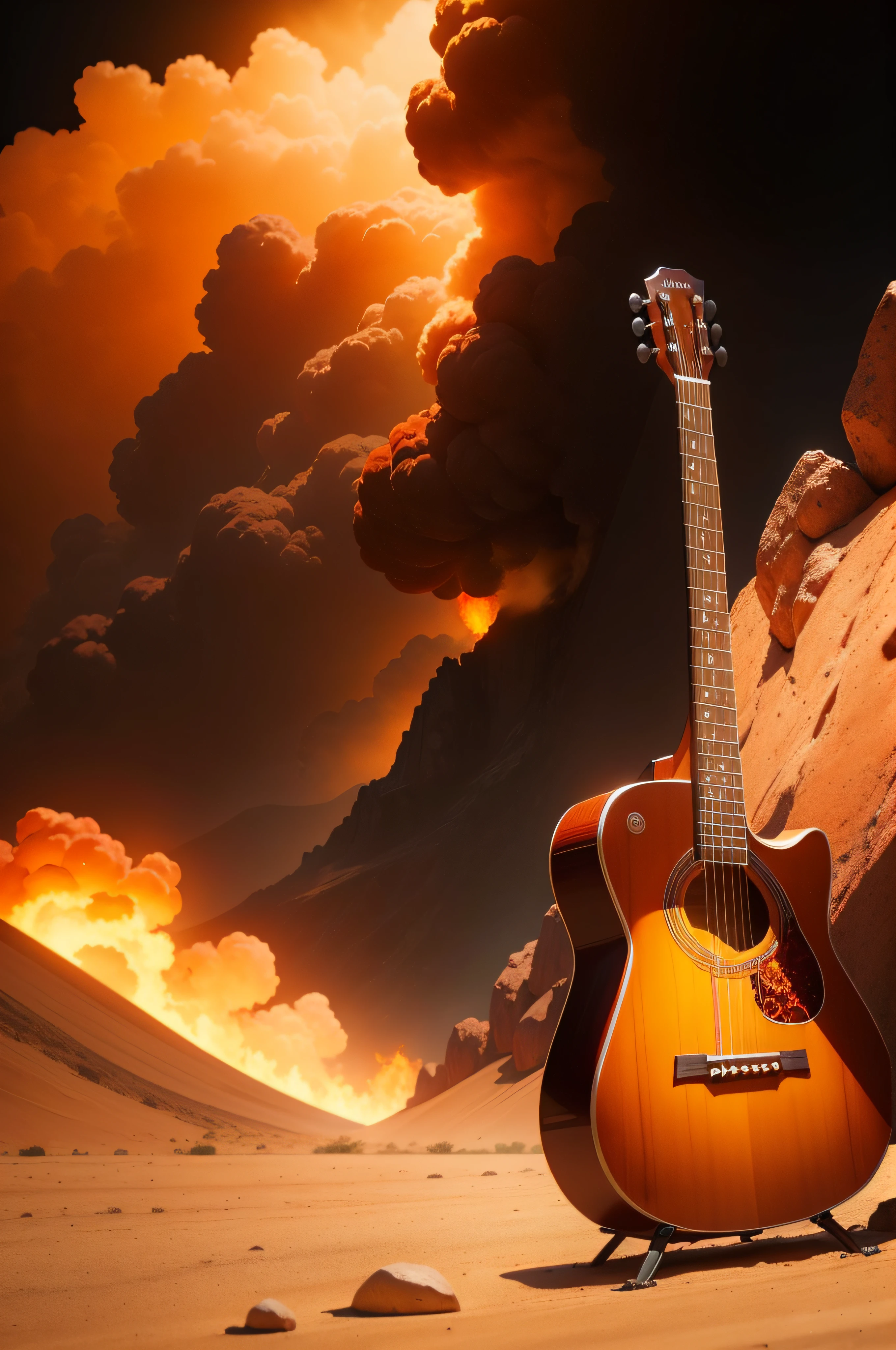 Design in warm colors, color naranja, Acoustic guitar on fire, paisaje, Design in fire,