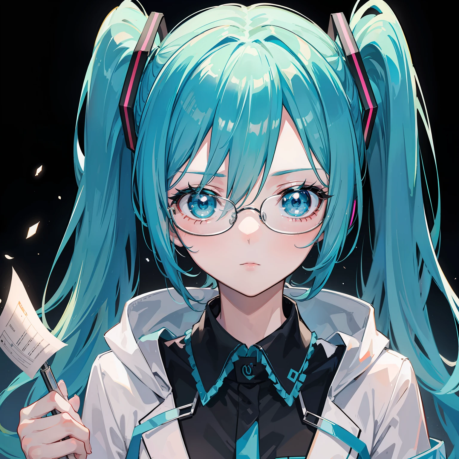 tmasterpiece, Best quality at best, 1girl, the scientist, wearing a lab coat, Goggles or glasses, Hold scientific equipment such as beakers or test tubes, laboratory background, Scientific diagrams or formulas on a blackboard or paper, edge lit, Side lighting, cinematic lighitnglamplight,超高分辨率, 8k uhd, filmgrain, best shadow, Delicate, RAW, light particules, Detailed skin texture, Fine cloth texture, beautiful detailed face, intricately details, Super meticulous,anime girl with long blue hair and a white shirt and black skirt, Hatsune Miku, Portrait of Hatsune Miku, Hatsune Miku short hair, vocaloid, hatsune miku portrait, Os amigos, mikudayo, Anime girl with teal hair, Hatsune Miku cosplay, hatsune miku face, style of anime4 K, An anime girl, attractive anime girls
