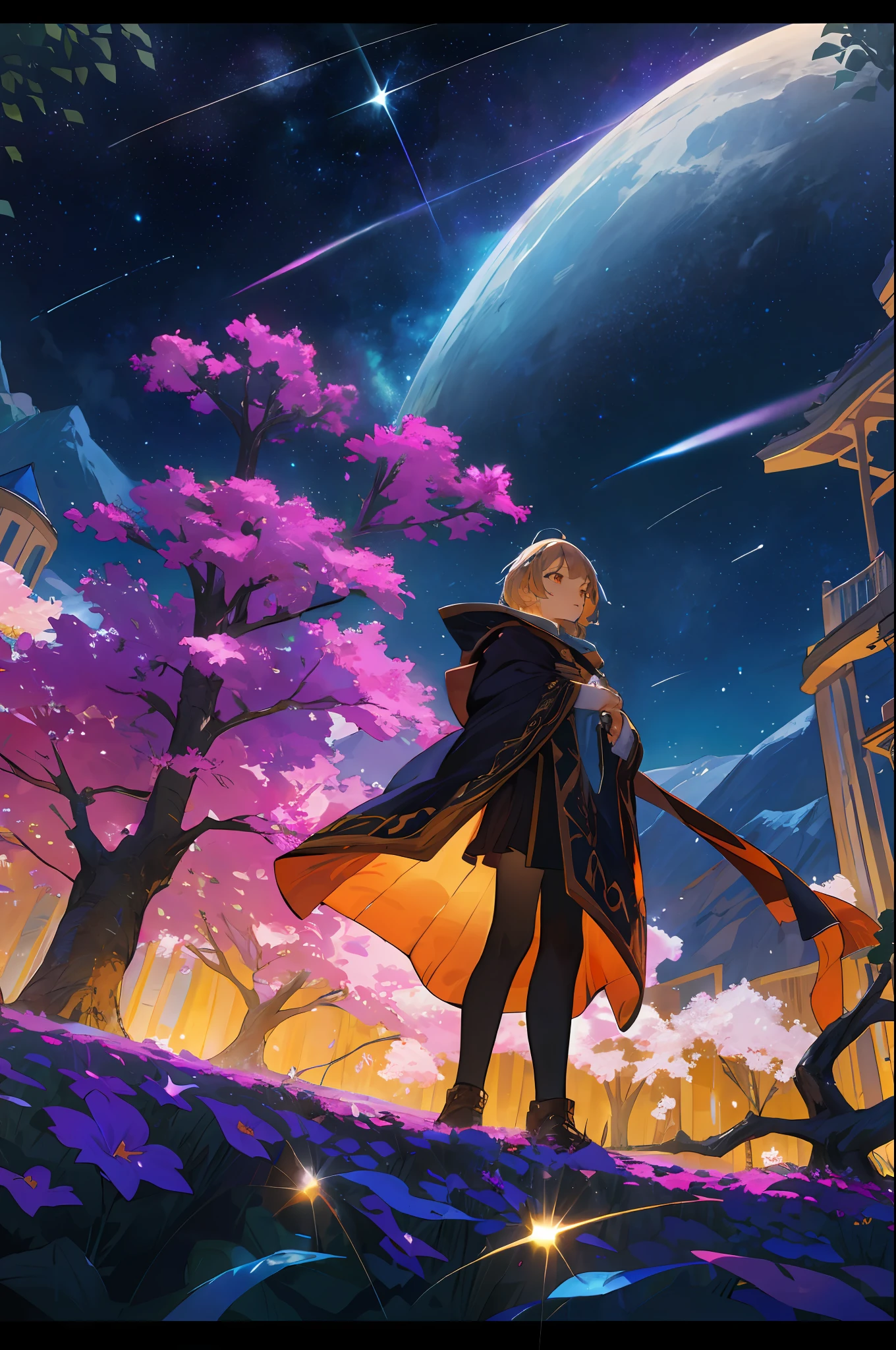 Expansive landscape photograph, (view from below with a view of the sky and the wilderness below), standing in a flower field looking up, (full moon: 1.2), (shooting star: 0.9), (nebula: 1.3), distant mountain, tree break production art, (warm light source: 1.2), (firefly: 1.2), lamp, purple and orange, intricate detail, volume lighting BREAK (masterpiece: 1.2), (highest quality ), 4k, ultra-detailed, (dynamic configuration: 1.4), highly detailed and colorful details (iridescent: 1.2), (sparkling lighting, atmospheric lighting), dreamy, magical, (solo: 1.2)