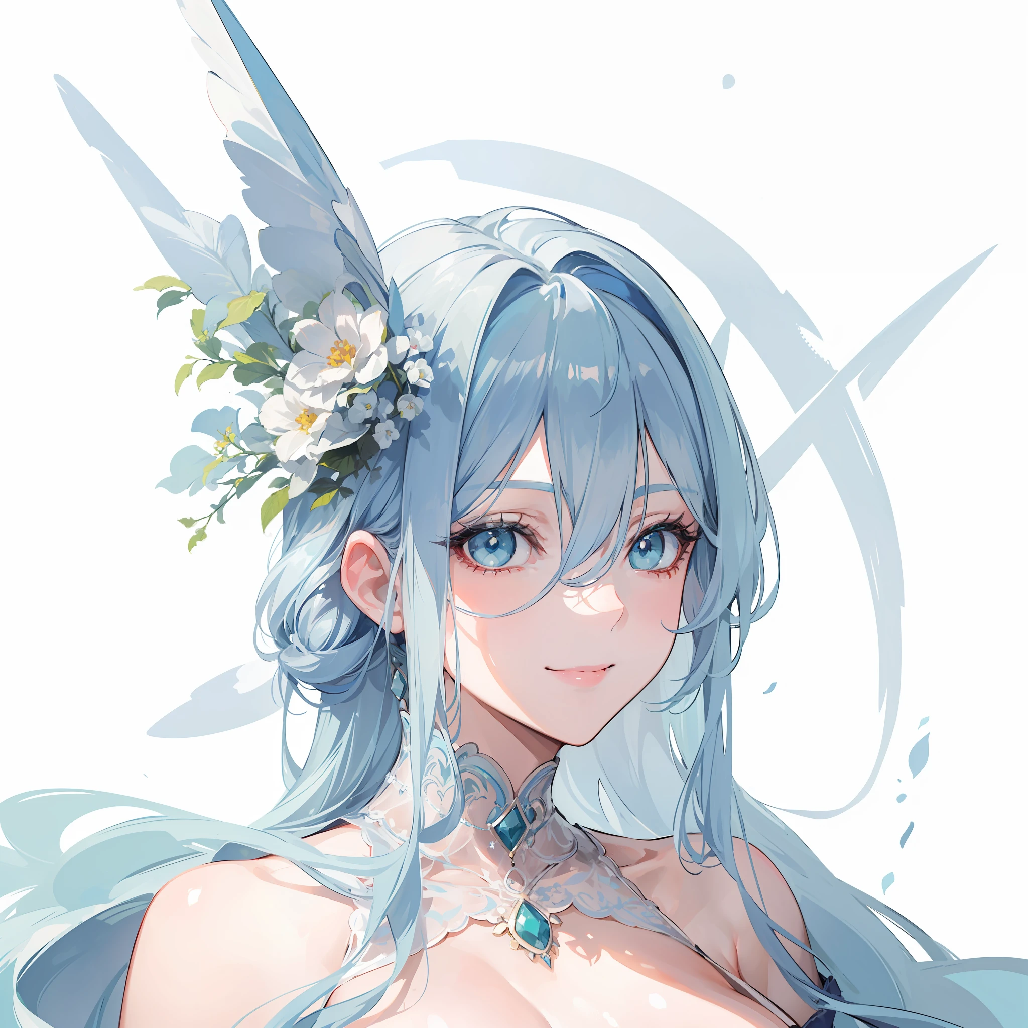 (masterpiece, best quality), 1 mature female, (light blue hair, long hair), sharp green eyes, long eyelashes, closed mouth, smile, large breast, cleavage, seductive smile, arms down, hand down, ((40 year old face)),((white background))