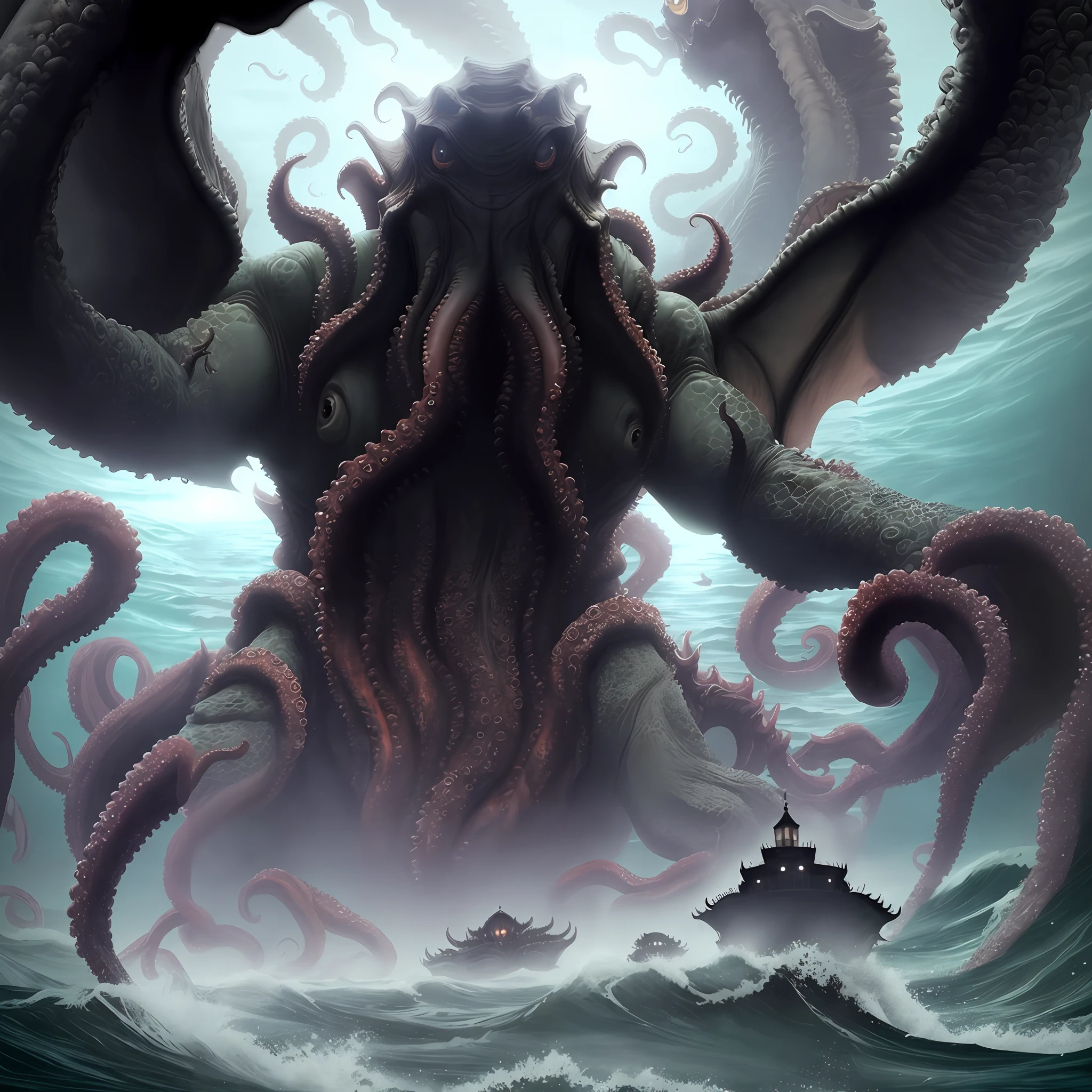 There is a huge octopus standing in the water, photo of cthulhu, cthulhu rising from the ocean, gigantic cthulhu, inspired by lovecraft, lovecraftian horror!, lovecraftian background, inspired by H.p. Lovecraft, lovecraftian horror, lovecraftian inspiration, lovecraftian horror!!, cthulhu squid, where lovecraftian horrors roam