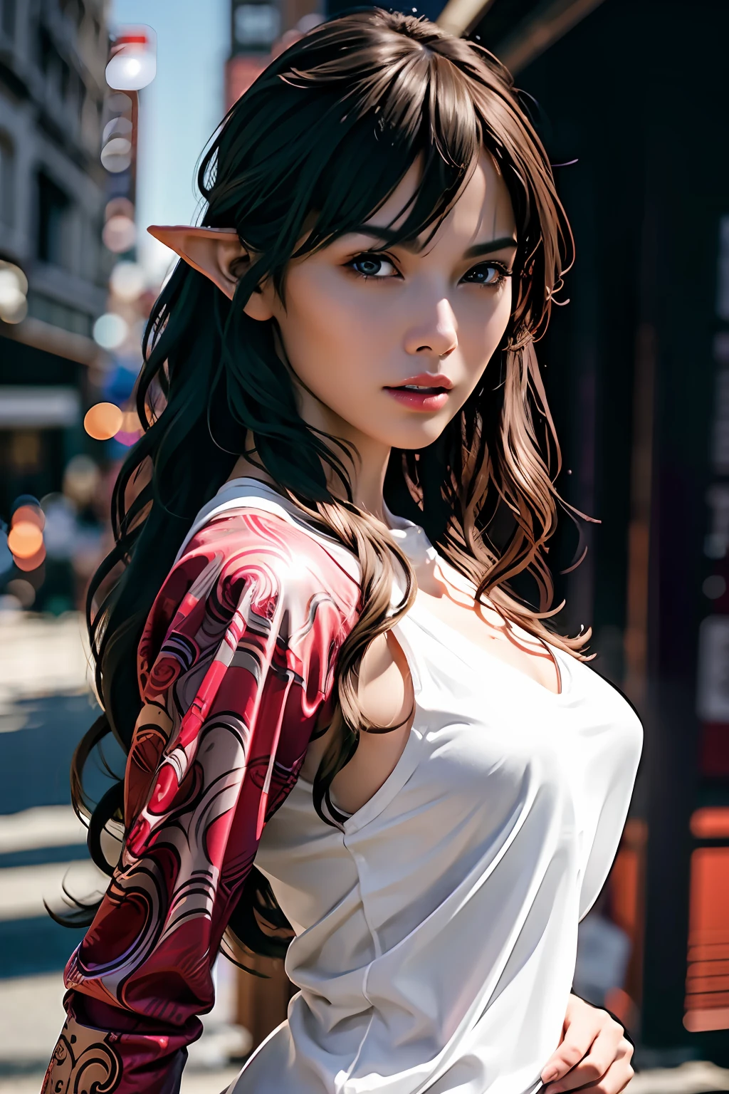 Ultra-detailed complex 3D rendering of face, (Colossal: 8.8), (masterpiece, top quality, octane rendering, 8K), glamour shot full body image, very beautiful young elf, cleavage, (very detailed skin: 1.2), (exposure: 1.1), brown-haired, ((wearing a plummeted open shirt of white silk: 1.10)), beautiful Caucasian woman with black skin with full soft breasts with big buttocks, Single, long braided hair, big breasts, dynamic angle, mystical expression, ultra-realistic photo, (((portrait)))), bare feet, futuristic urban background, facial muscles, detailed and beautiful queen gold crown, in the style of Marvel Comics, ArtStation trends, clear focus, studio photography, intricate details, very detailed, detailed red eyes, very detailed, Sharp Focus, Digital Rendering, Professional, Abs, Dark Grey Background,