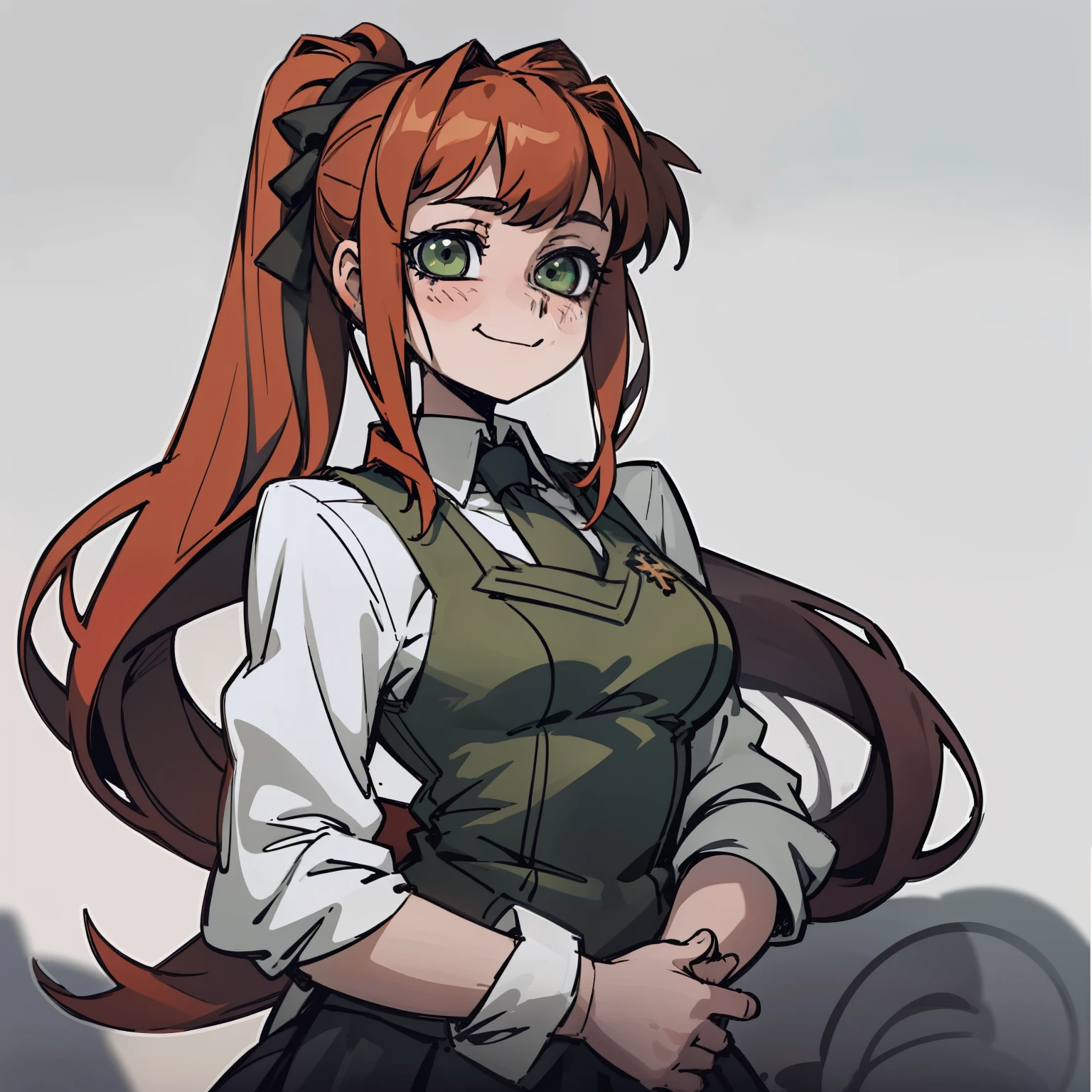 2d, masterpiece, best quality, anime, highly detailed, cowboy shot, 1girl, solo, monika, green eyes, very long hair, ponytail, school uniform, standing, straight-on, smile, white background, simple background