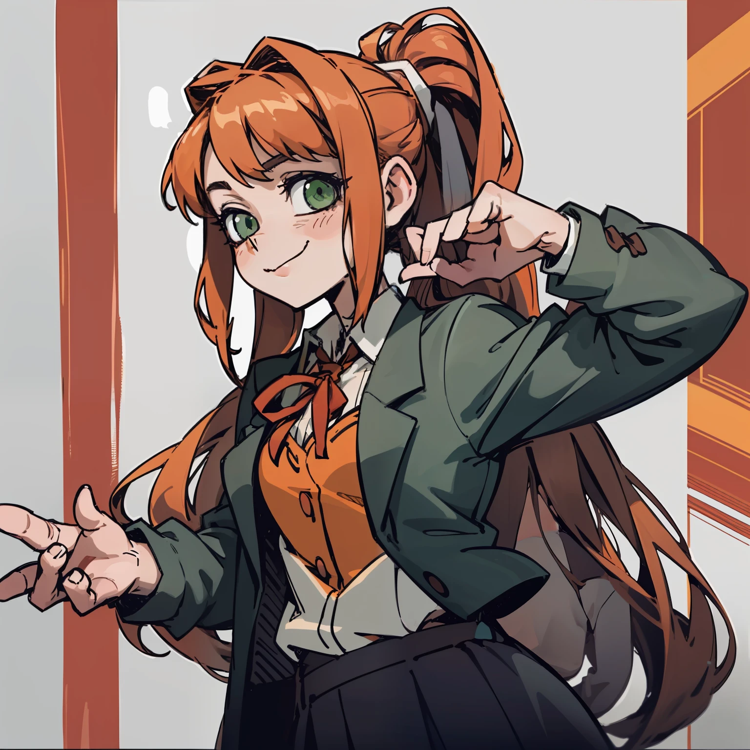 2d, masterpiece, best quality, anime, highly detailed, cowboy shot, 1girl, solo, monika, green eyes, very long hair, ponytail, school uniform, standing, straight-on, smile, white background, simple background