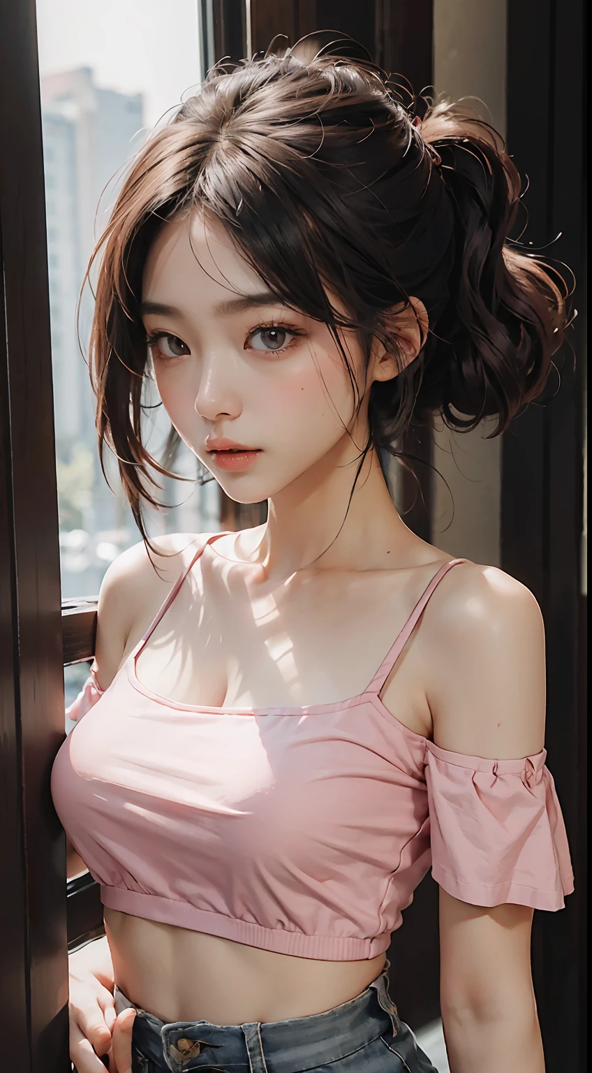 best qualtiy,tmasterpiece,超高分辨率,(Fidelity:1.4),RAW photogr,1girll,Brushed eyes,Cropped crop top,Pink off-the-shoulders,cinmatic lighting