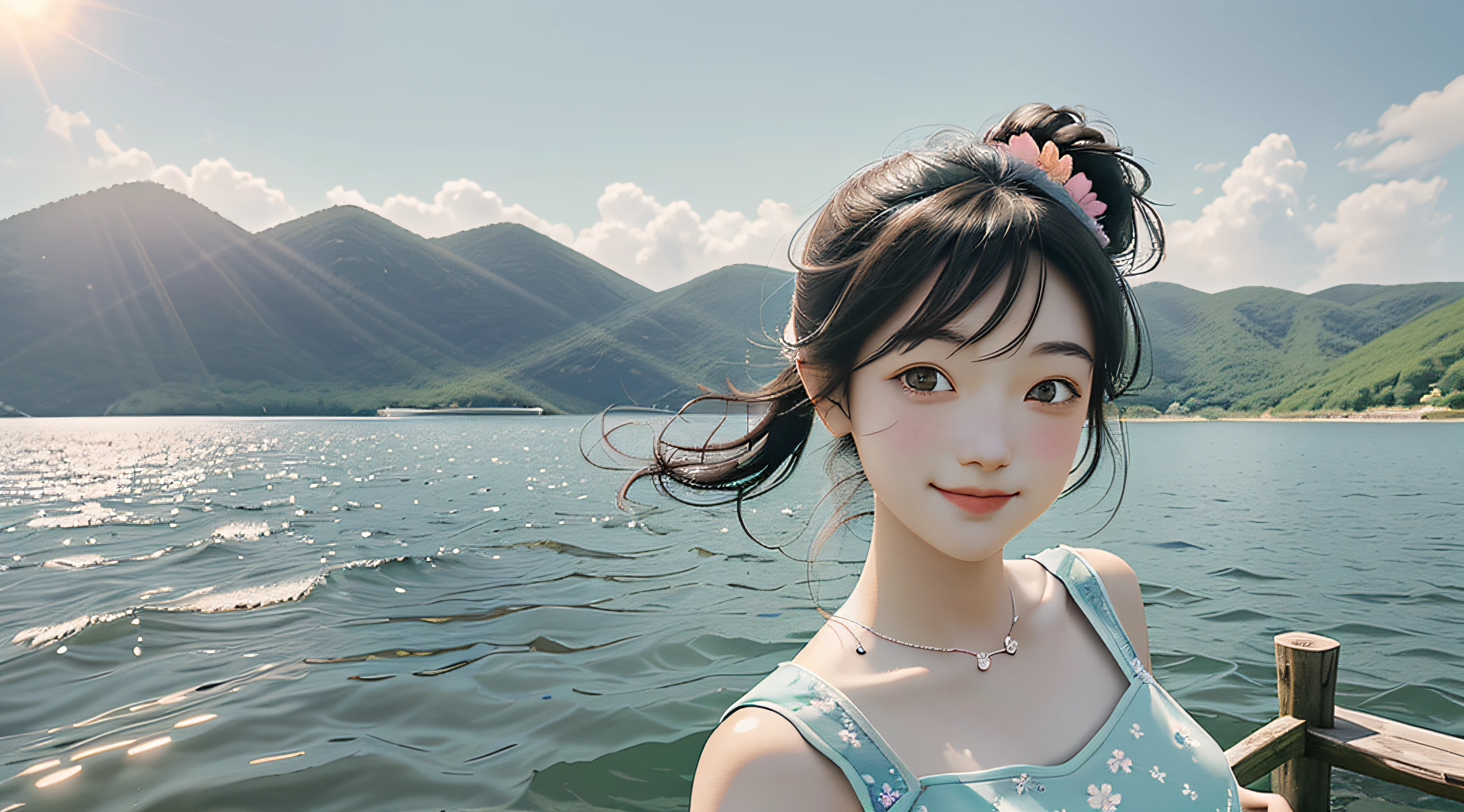 On the blue sky,In summer there are seven rainbow flowers during the day,and the sun was shining brightly,There is soft natural light, Dingdall effect,An intimate portrait of a young girl about eighteen years old,The girl's appearance is thick eyebrows,There are big watery eyes,The girl has long black hair,Wear crossed bangs,front ponytail,The head wears cartoon rabbit ear-like ornaments,She blushed,Standing on a wooden pier in a pale green dress,There is also a cute border collie next to the girl,The color of black and white crossing,A wooden pier juts out onto the tranquil lake,The girl closed her mouth slightly,smiling and looking at audience,Left hand waved his arm,Hold up five fingers,Beckon to welcome the audience,The right hand is naturally placed on the side of the thigh,A happy smile on his face。The sun casts a warm glow on the scene,Illuminate ripples in the water,Cast a soft shadow on the girl's face。Behind her,A sea of purple and saffron stretches into the distance,There are peony flowers,Rosa flowers,hydrangeas,The various flowers contrast with the pale blue sky above。Despite the tranquility of the surroundings,But there is a clear sense of joy,About girls。