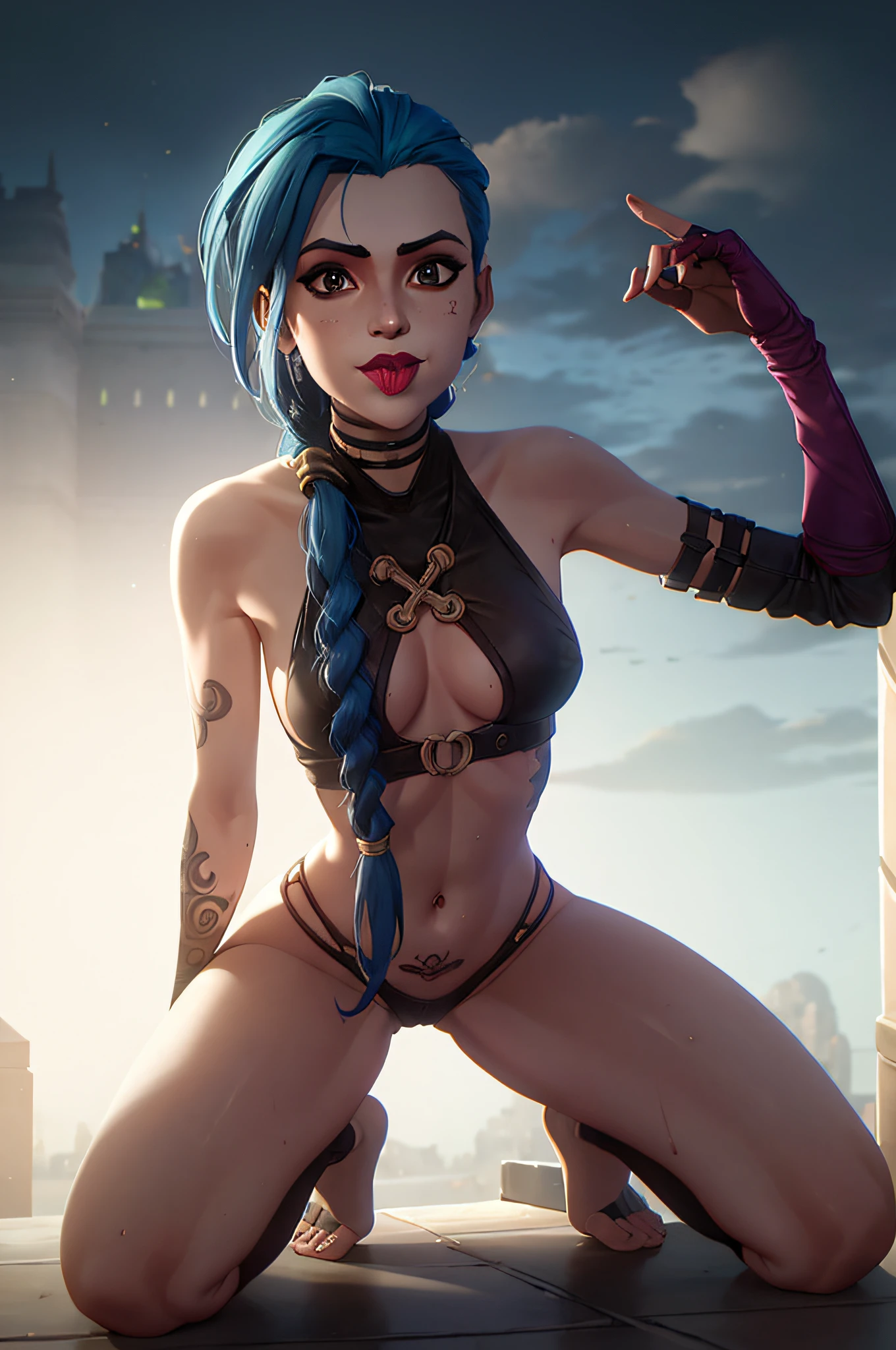 estilo arcano, 1girl, imagem de corpo inteiro, Rosto detalhado, NSFW, arm tattoo, asymmetrical bangs, franja, cabelos azuis, pigtail, tatuagem da nuvem, Olhando para o Viewer, Seios pequenos, agachamento, sorridente, Noite, cidade, cabelos verdes, cabelos longos, diafragma, olhos cor-de-rosa, red lips, sozinho, nu, waiting for sex, pose sexual, after sex, no clothes, Wet , ((mouth insertion:1.2)), (seios nus), tatuagem, twin braids, azarar arcano, azarar \(Liga das Lendas\),  oferecer